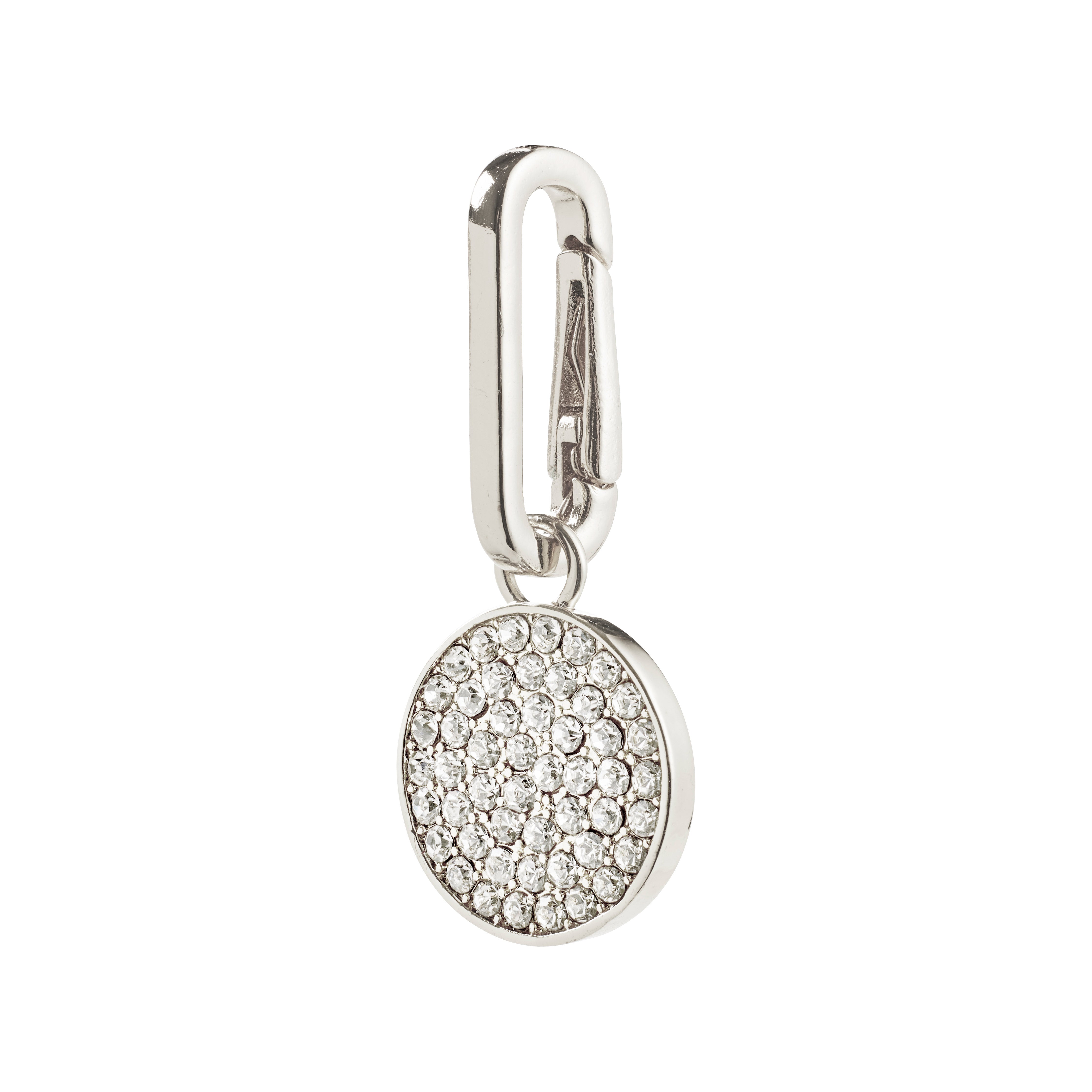 Silver-plated CHARM crystal coin pendant by Pilgrim, featuring Preciosa crystals. Ideal for personalizing accessories like chokers or phone covers, crafted from recycled materials for sustainable style.