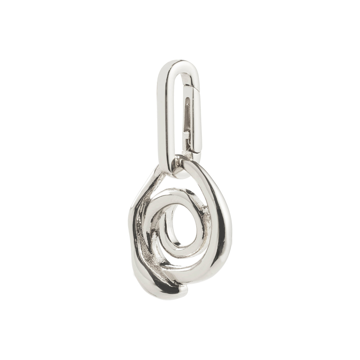 CHARM curl pendant, silver-plated: A sculptural doodle pendant with interlocking rings, featuring a carabiner clasp. Ideal for creative, personalized styling. Crafted from 99% recycled material.