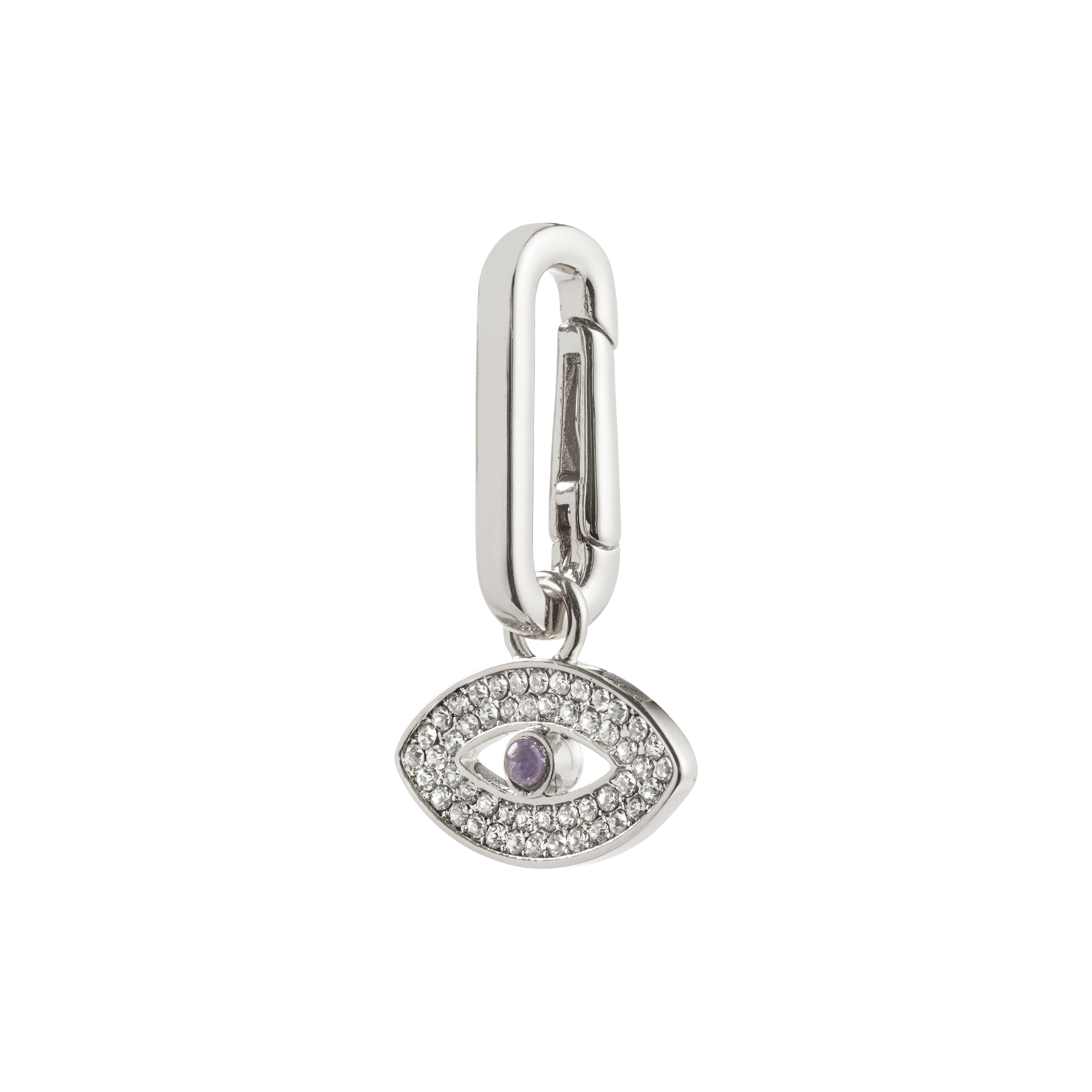 Silver-plated CHARM eye pendant with a polished carabiner clip, encrusted with Preciosa crystals and a central purple gemstone, perfect for a mystical touch.
