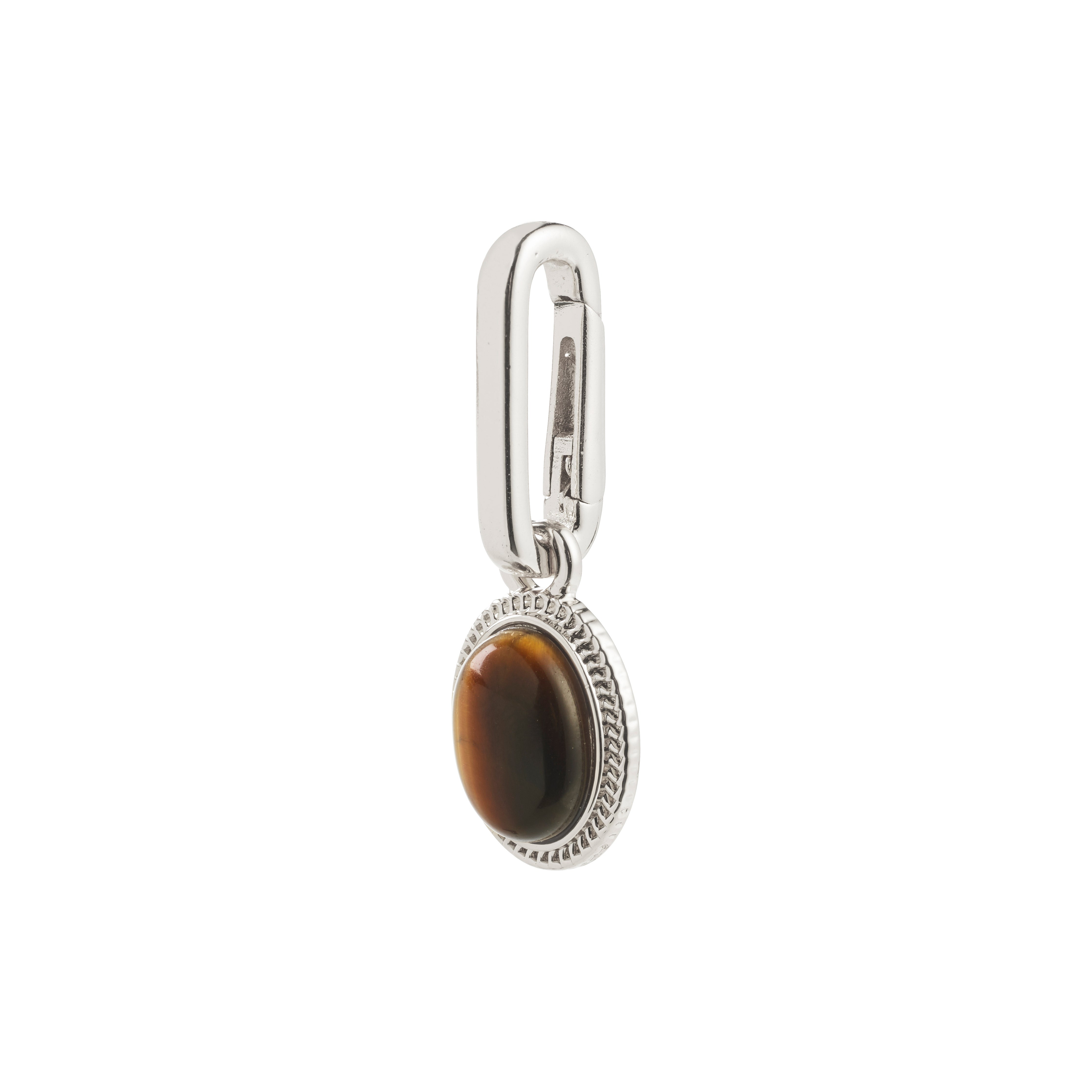 Silver-plated CHARM medallion pendant featuring a chatoyant Tiger Eye stone in a decorative bezel, perfect for adding style and energy to any look.