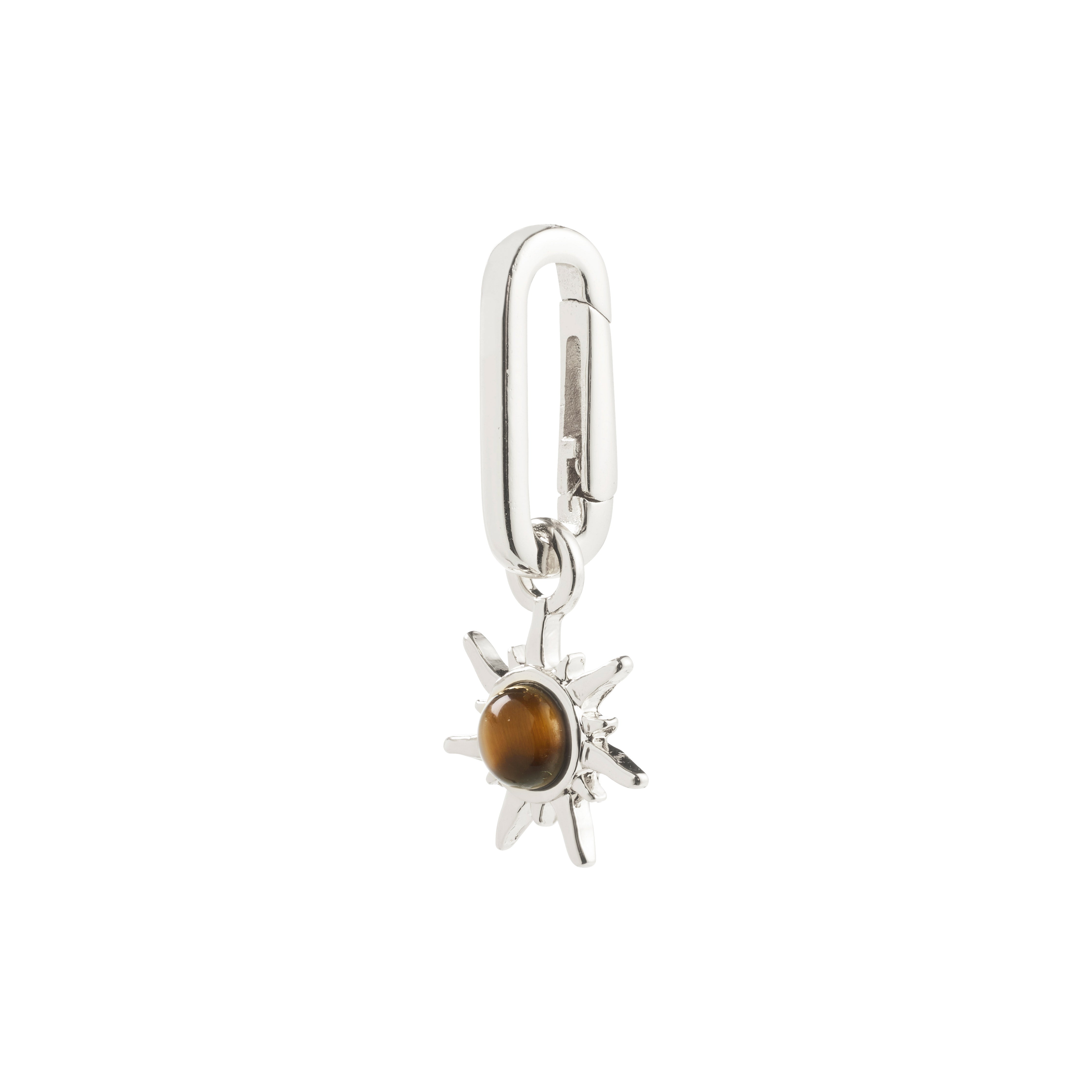 Silver-plated CHARM bright pendant featuring a carabiner clasp and sunburst design with Tiger Eye stone, symbolizing style and strength, crafted from recycled materials.