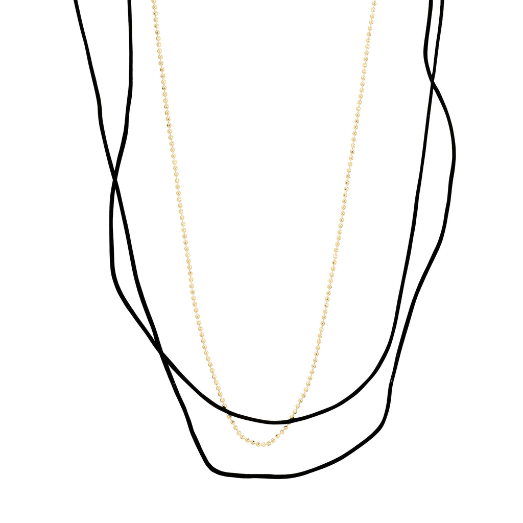 CHARM necklace 2-in-1 set featuring a silver-plated ball chain and a black cotton cord, designed for personalized styling with charms and varied wear.