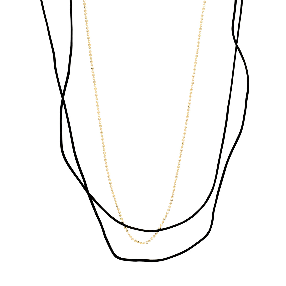 CHARM necklace 2-in-1 set featuring a silver-plated ball chain and a black cotton cord, designed for personalized styling with charms and varied wear.