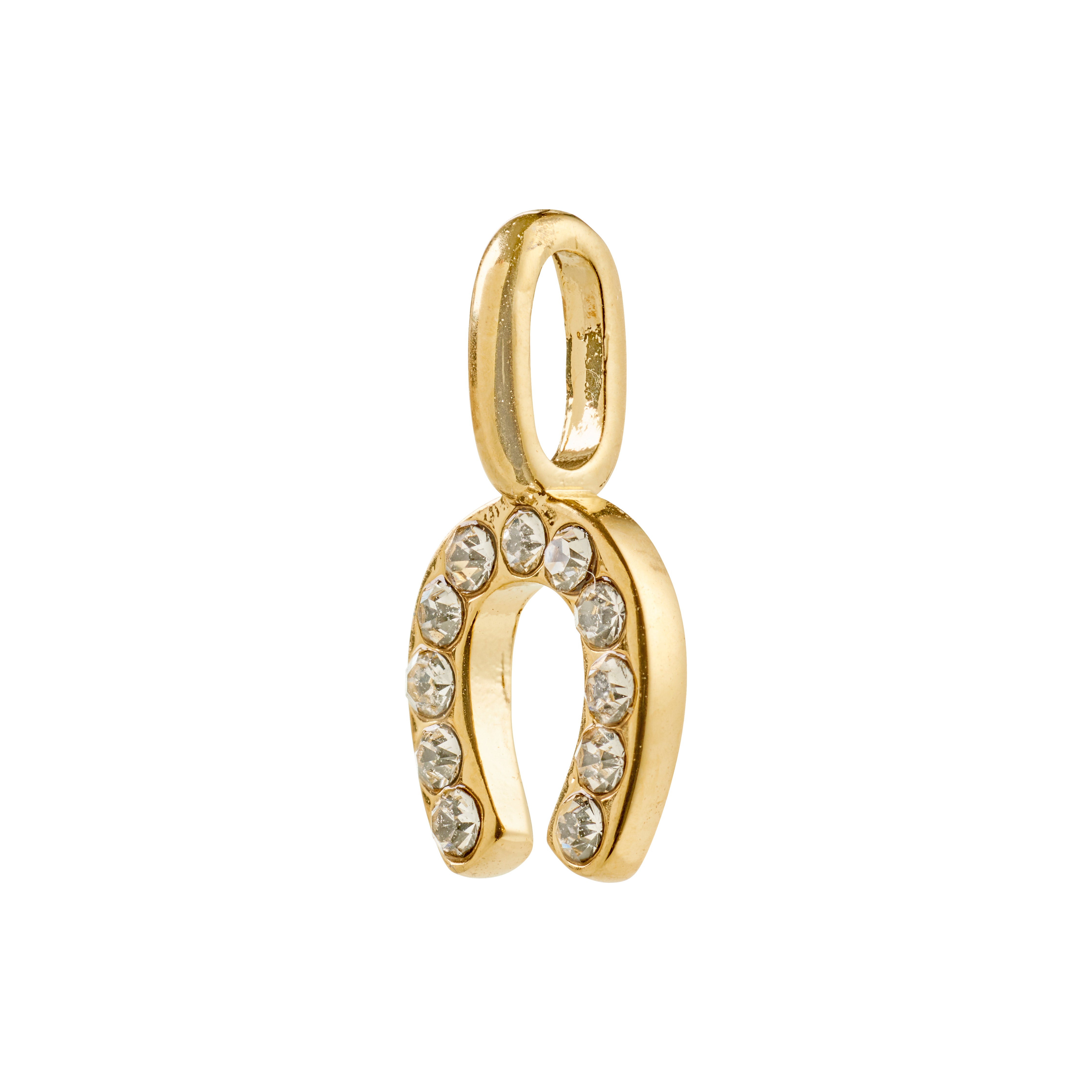 Gold-plated CHARM mini horseshoe pendant adorned with sparkling crystals, perfect for adding personal flair to necklaces, bracelets, or hoops. Made from 98% recycled materials.