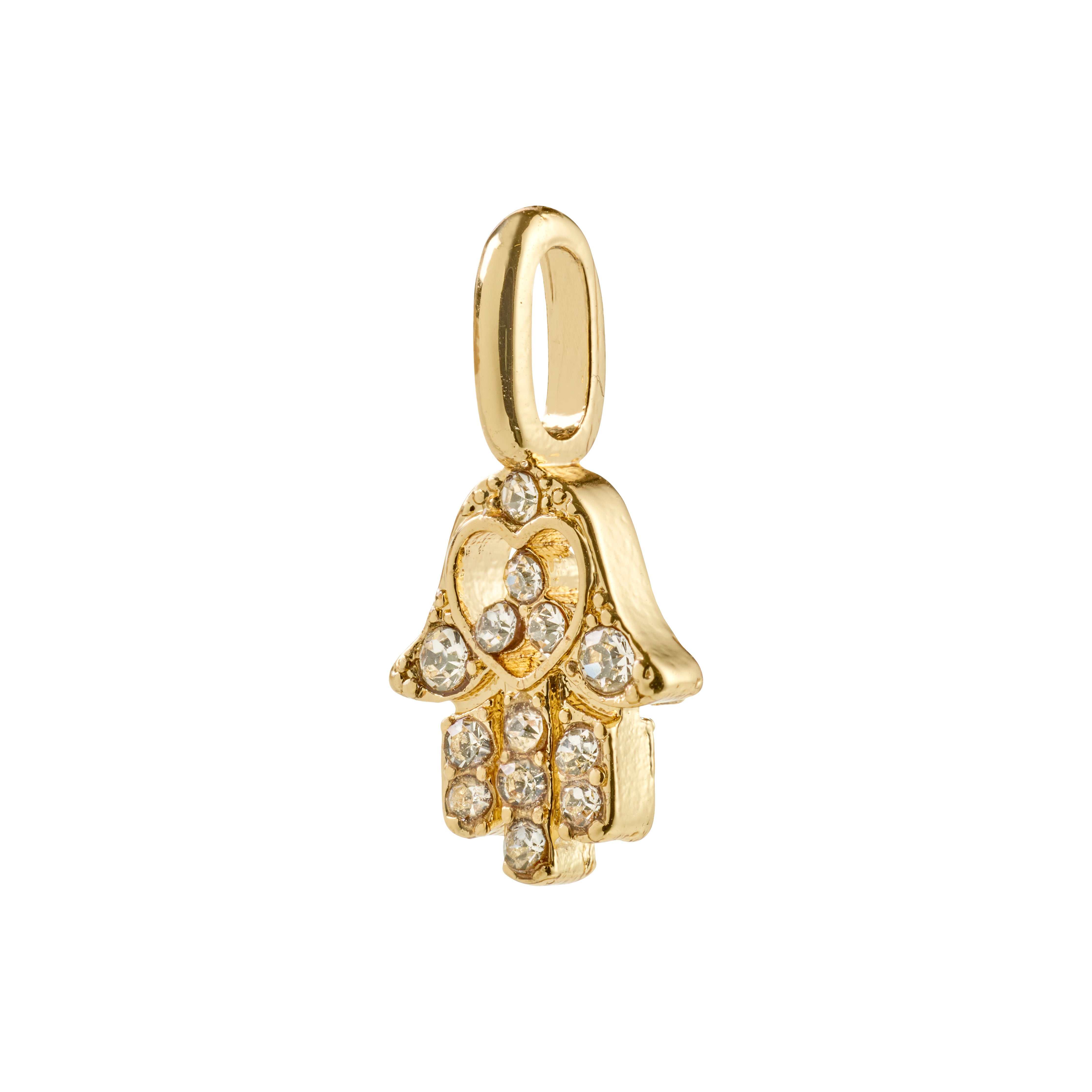 Gold-plated CHARM mini Hamsa pendant with sparkling crystals, offering a mystic and spiritual touch. Ideal for personal styling on chains, hoops, or bracelets.