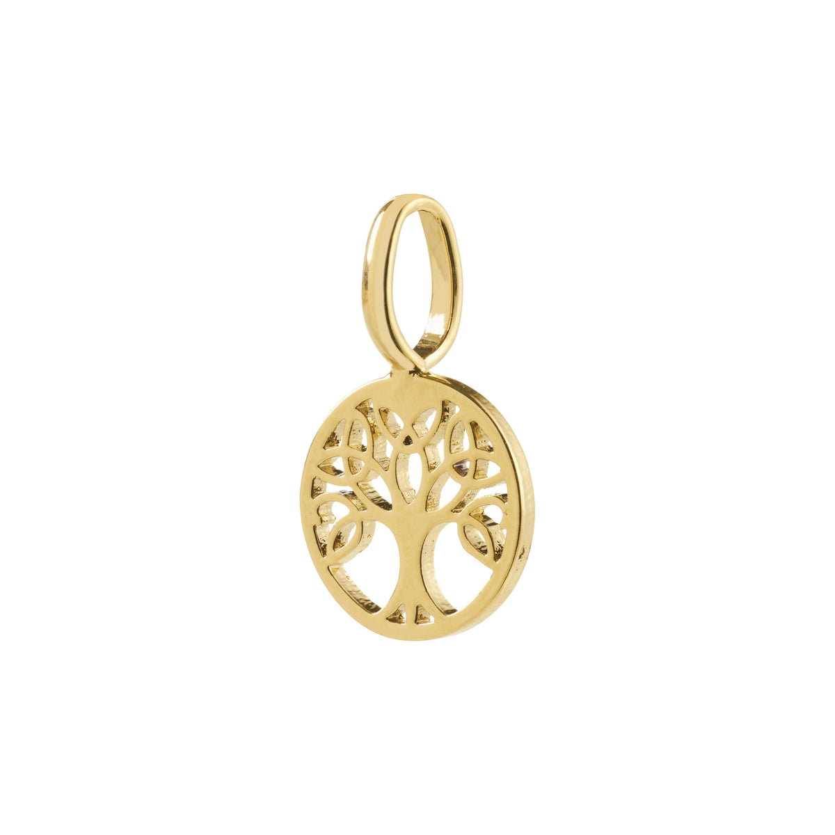 Gold-plated mini Tree of Life pendant, symbolizing growth and connection, crafted from 99% recycled material. Perfect for necklaces or bracelets, embodying personal style and sustainability.