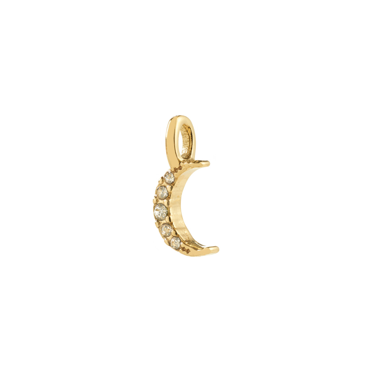 Gold-plated CHARM mini moon pendant by Pilgrim, adorned with sparkling crystals, symbolizing mystical energy. Perfect for minimalist or layered styling. Made from 79% recycled materials.