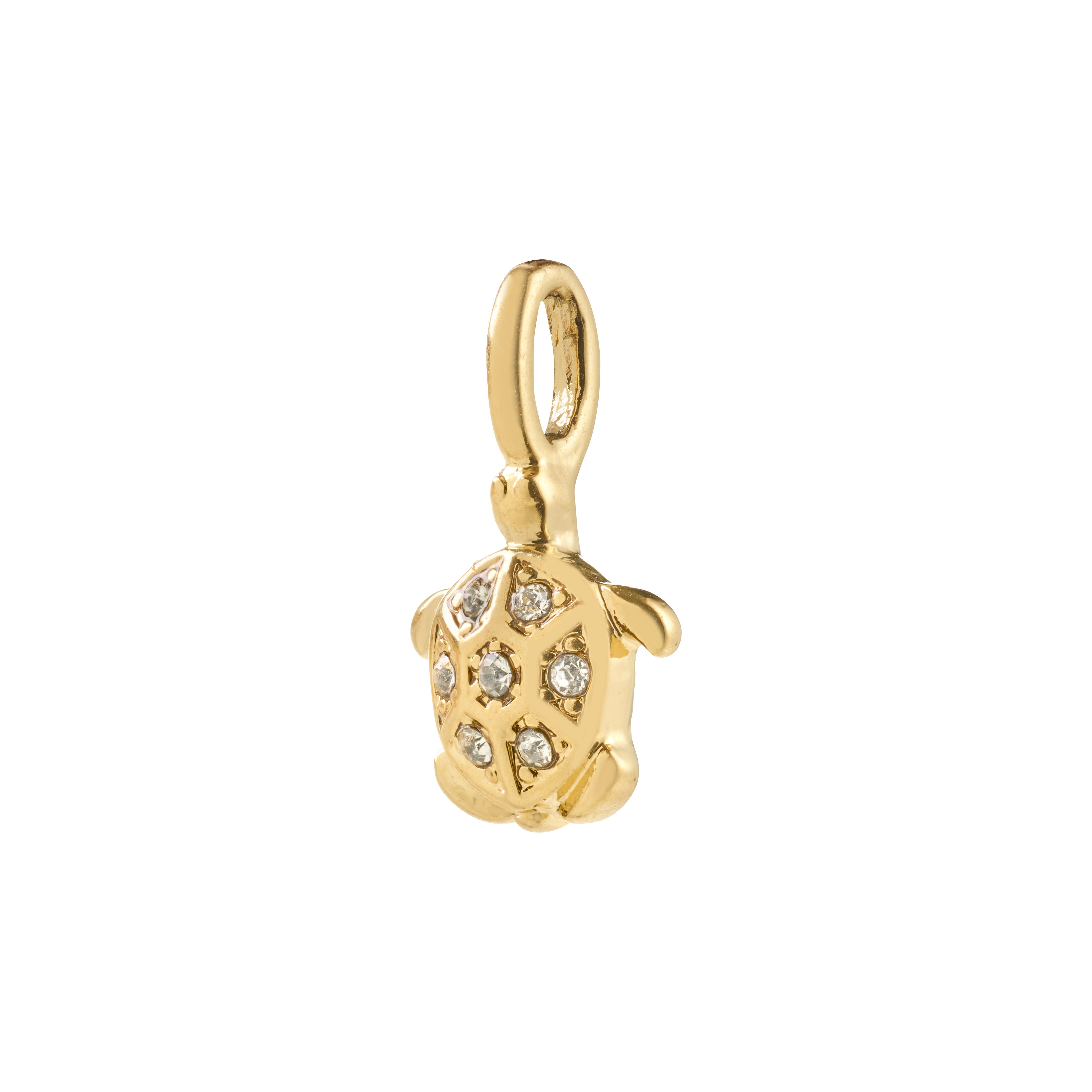 Gold-plated CHARM mini turtle pendant by Pilgrim with sparkling Preciosa crystals, symbolizing fertility and longevity. Made from 88% recycled materials, water-resistant, and ideal for necklaces or bracelets.