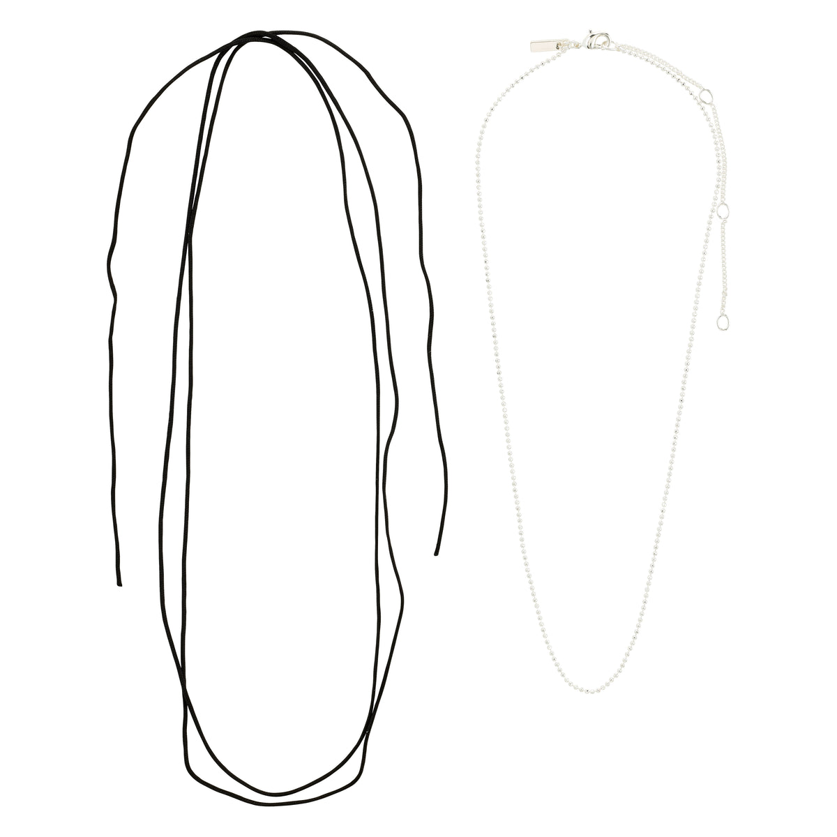 Pilgrim's CHARM necklace 2-in-1 set features a silver-plated bead chain and a versatile black cotton cord, perfect for creating personalized, boho-luxe styles.