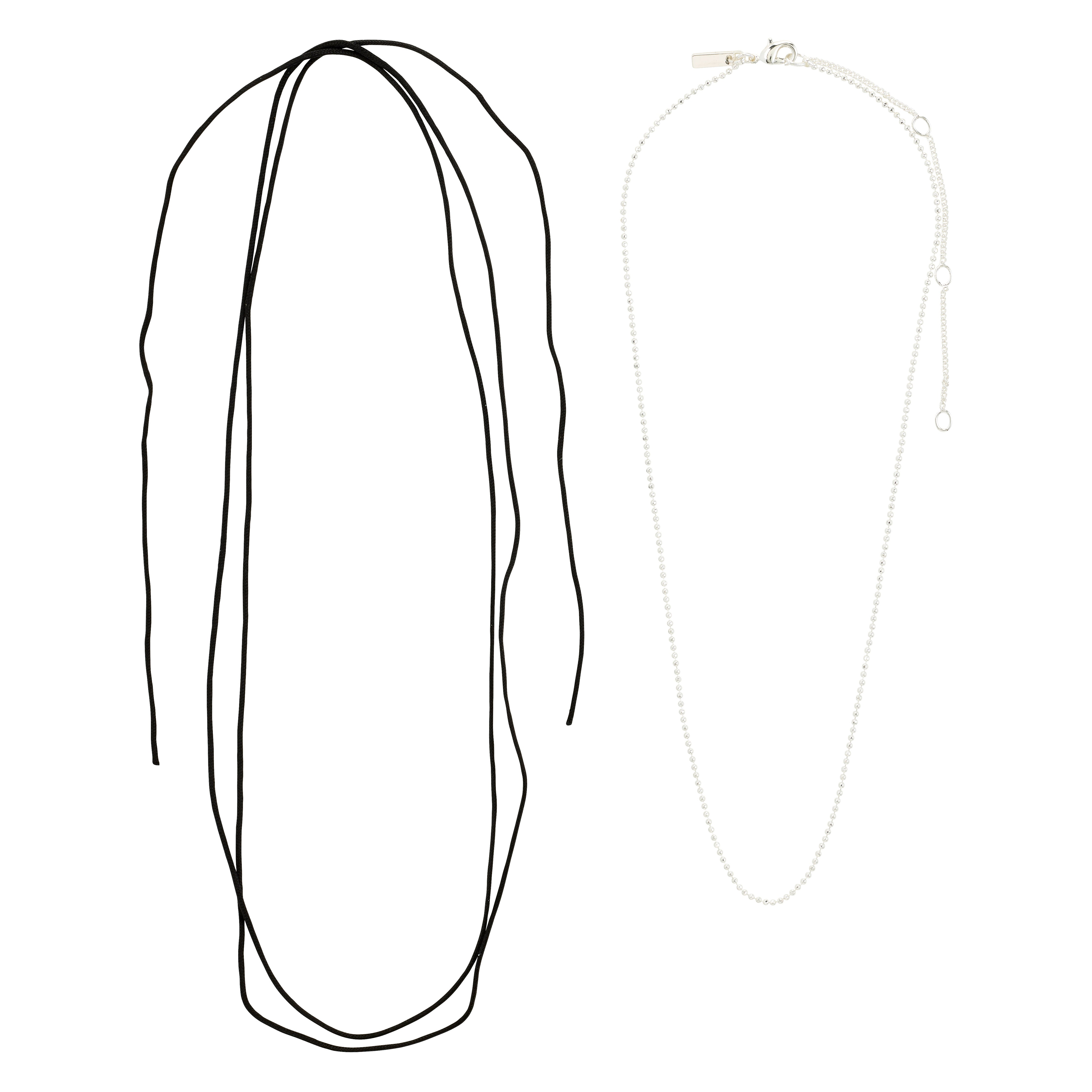 Pilgrim's CHARM necklace 2-in-1 set features a silver-plated bead chain and a versatile black cotton cord, perfect for creating personalized, boho-luxe styles.