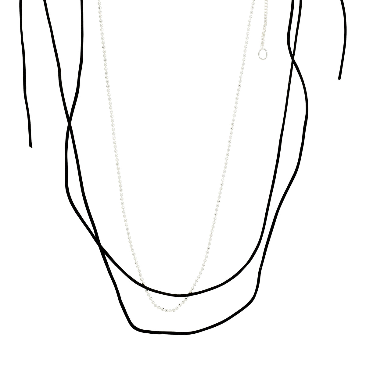 Pilgrim's CHARM necklace 2-in-1 set features a silver-plated bead chain and a versatile black cotton cord for personalized styling with charms.