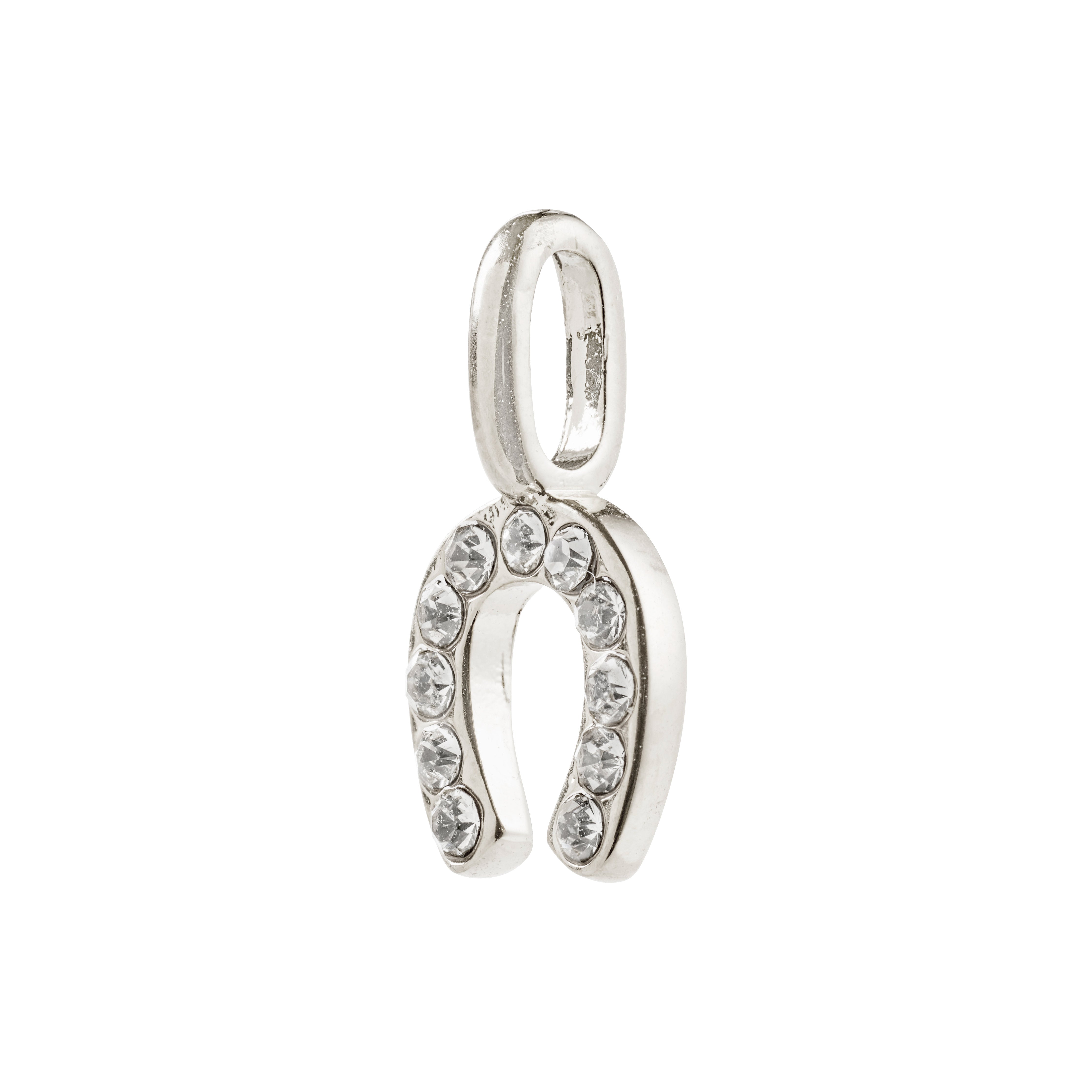 Silver-plated CHARM mini horseshoe pendant with sparkling crystals, designed for personal expression and style versatility, made from 98% recycled materials.