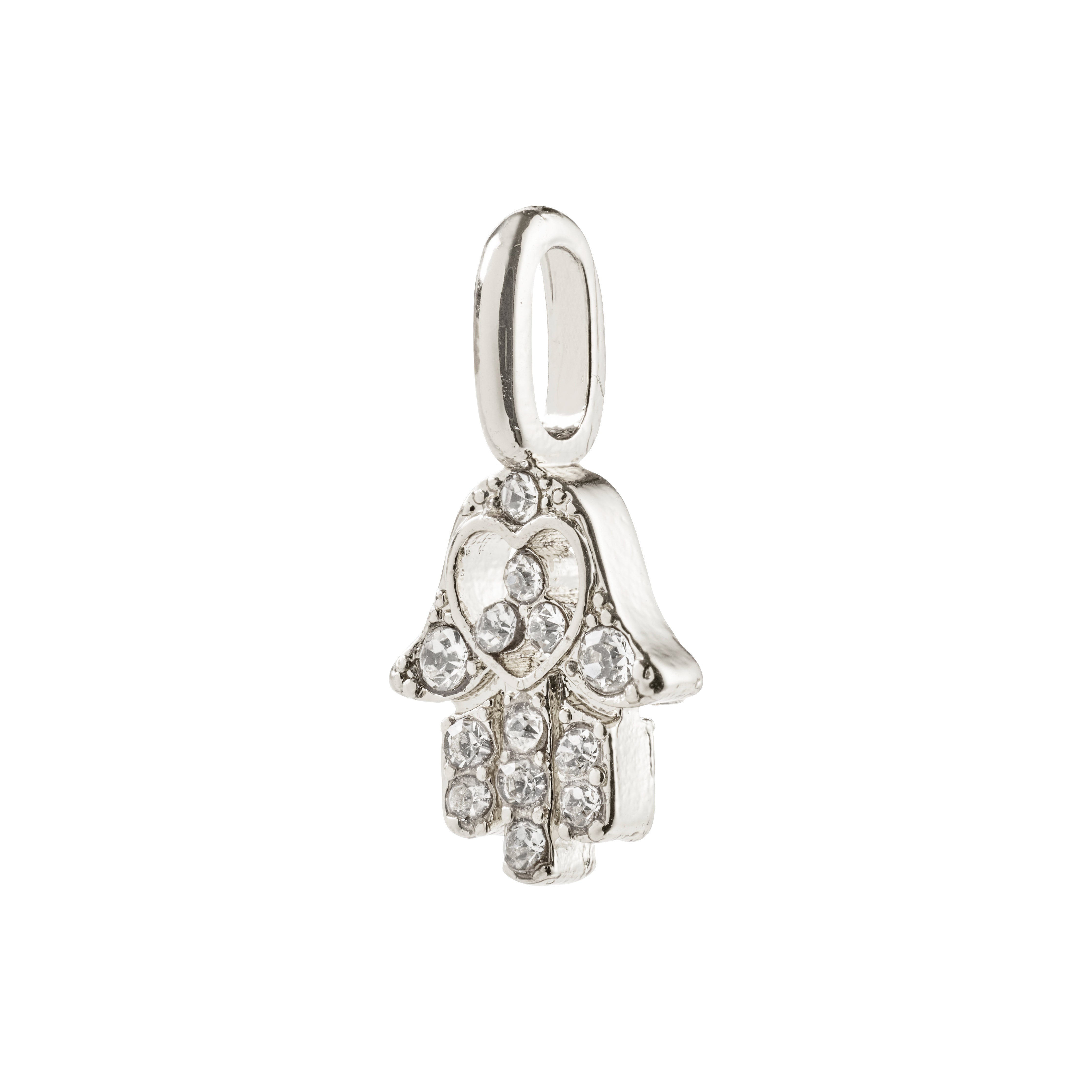 Silver-plated CHARM mini Hamsa pendant, adorned with sparkling crystals, showcasing intricate hand design, ideal for personal styling on chains, hoops, or bracelets.