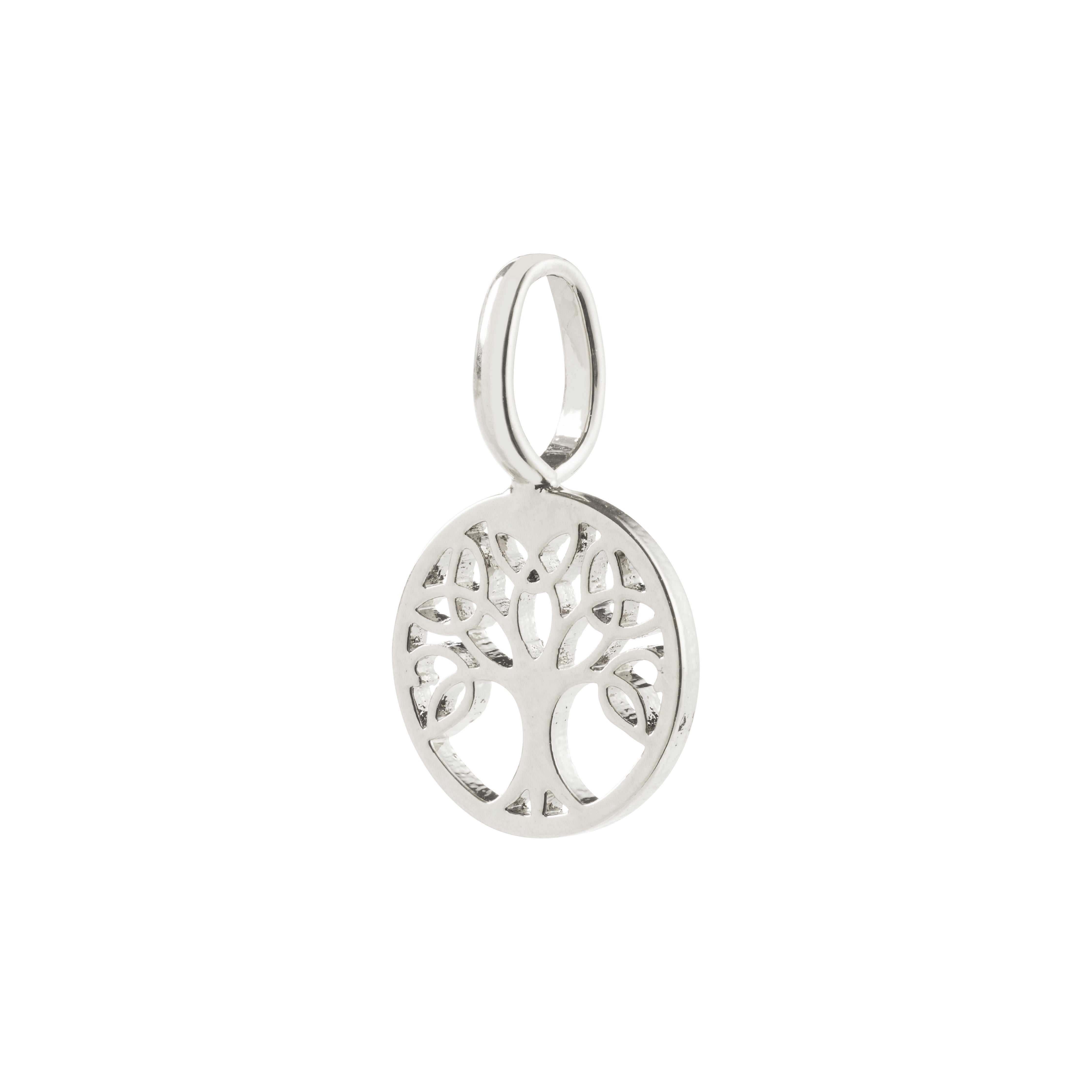 Silver-plated CHARM mini tree of life pendant, symbolizing growth and connection with intricate details, crafted from 99% recycled materials for personal style and sustainability.