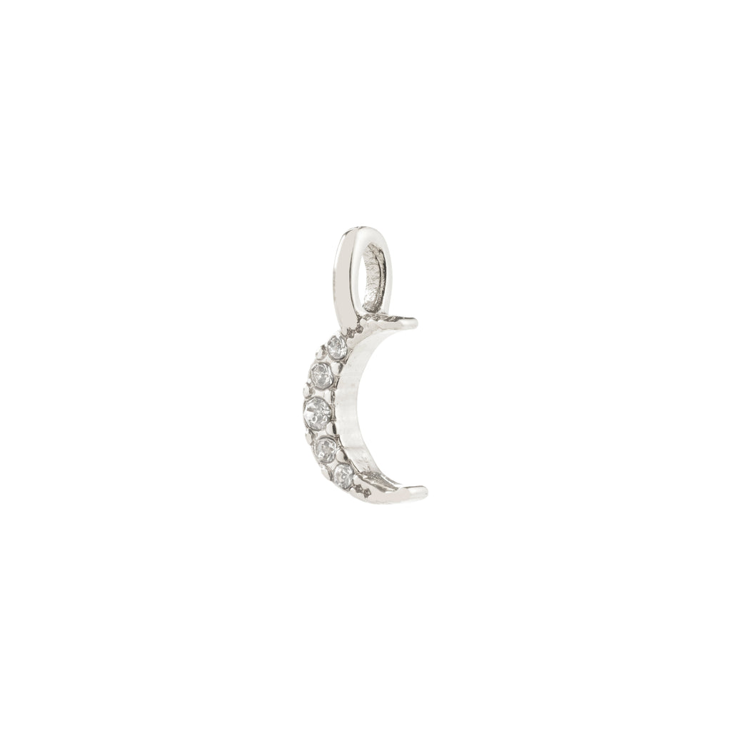 Silver-plated crescent moon pendant adorned with crystals, symbolizing mystical energy. Ideal for minimalist or layered styling. Crafted from 79% recycled materials.