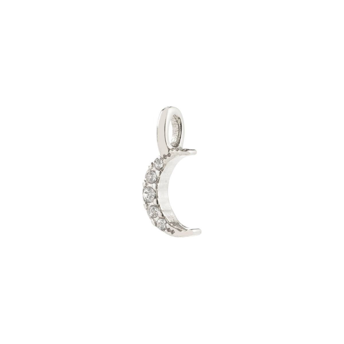 Silver-plated crescent moon pendant adorned with crystals, symbolizing mystical energy. Ideal for minimalist or layered styling. Crafted from 79% recycled materials.