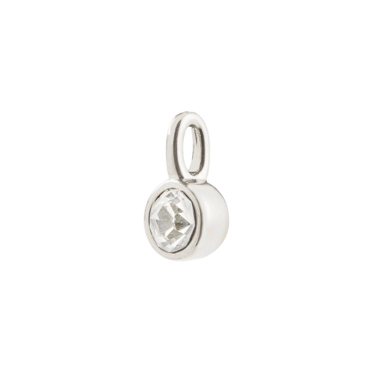 Silver-plated CHARM mini crystal pendant, ideal for hoop or necklace, crafted from 85% recycled materials for a minimalist or layered look. Perfect for eco-conscious fashion enthusiasts.