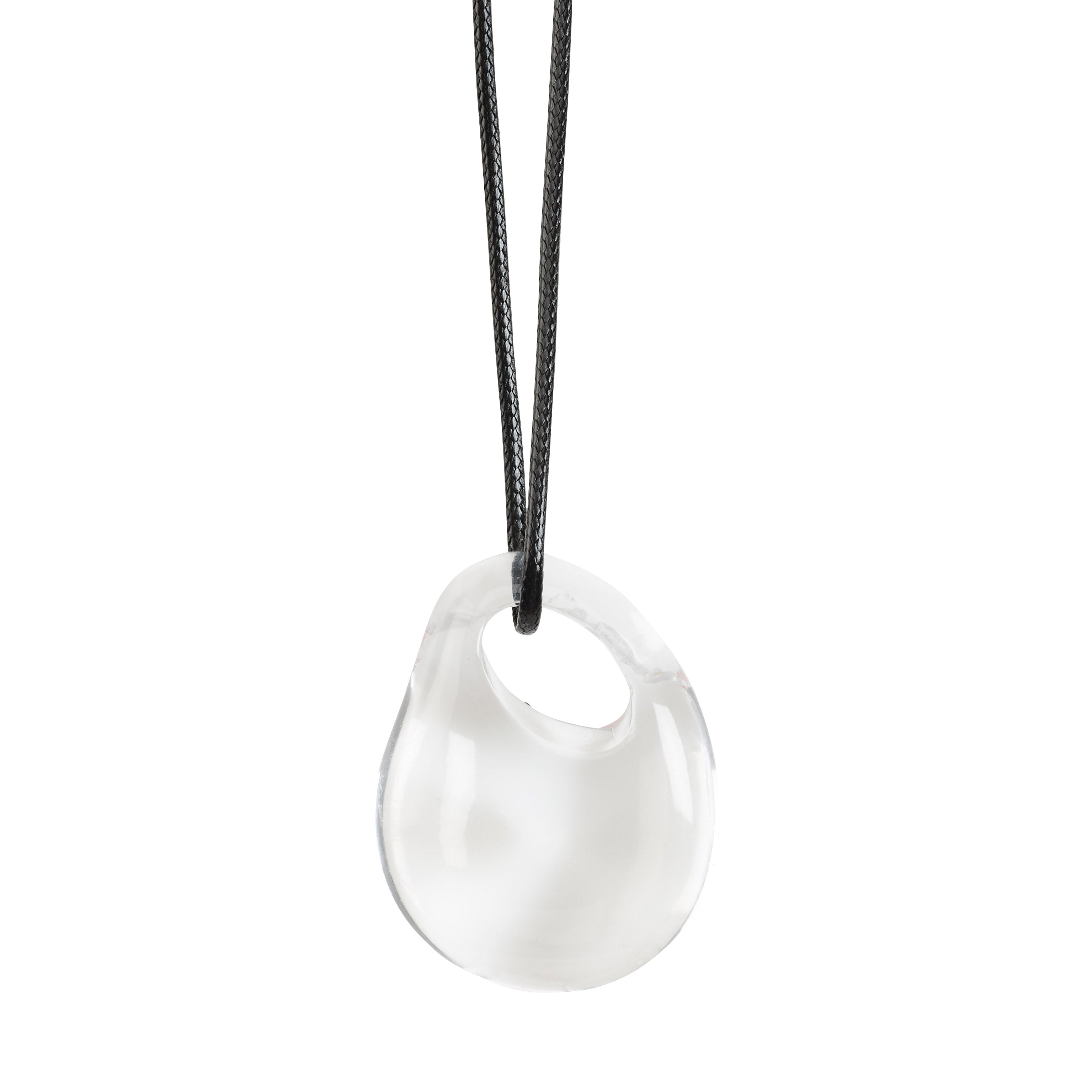 FREJA WEWER x PILGRIM Aqua necklace features a minimalist, translucent teardrop pendant on an adjustable black cord, embodying modern, eco-conscious Danish design.