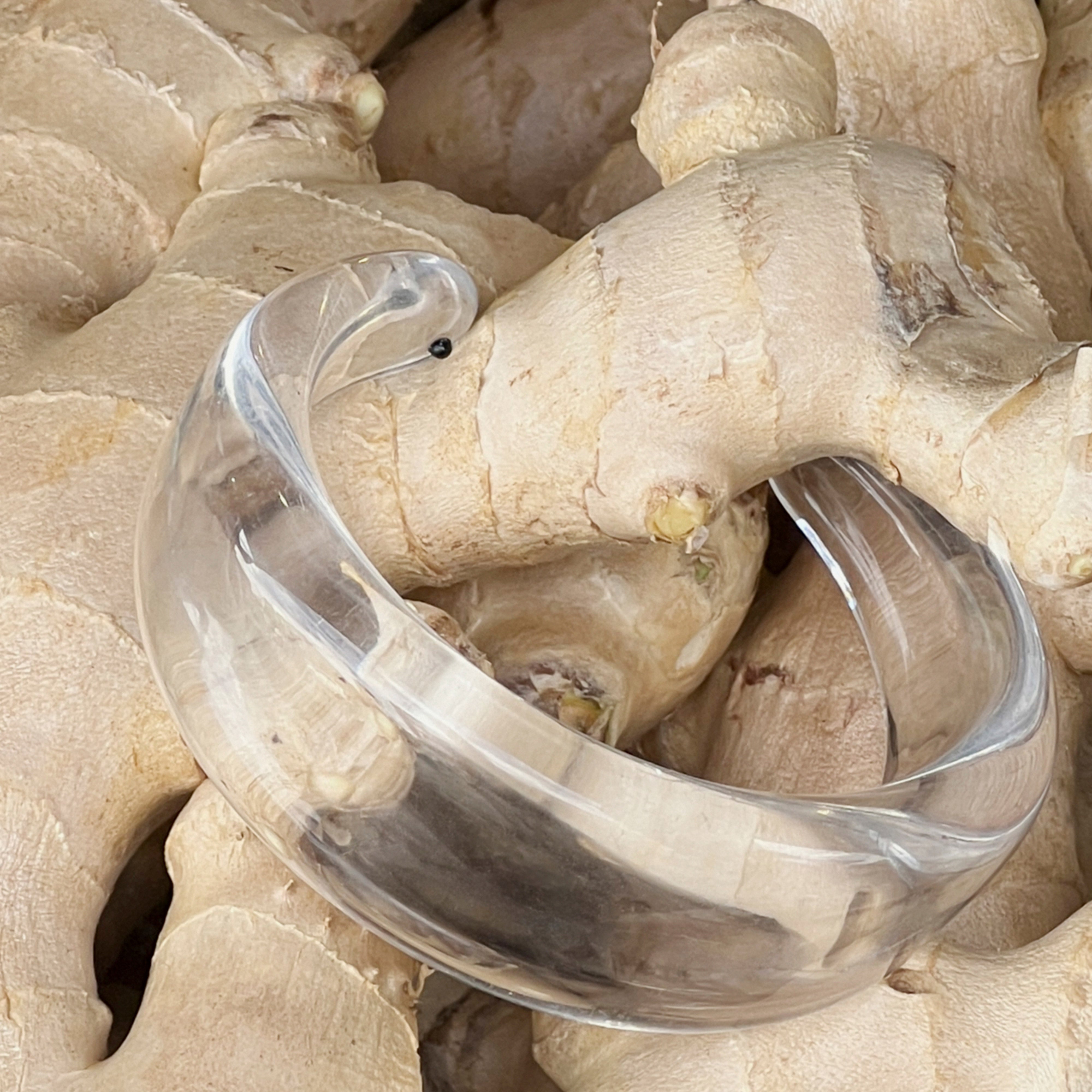 FREJA WEWER x PILGRIM Aqua bracelet, crystal, draped over fresh ginger rhizomes, showcasing its chunky, transparent acrylic design made from 100% recycled material.