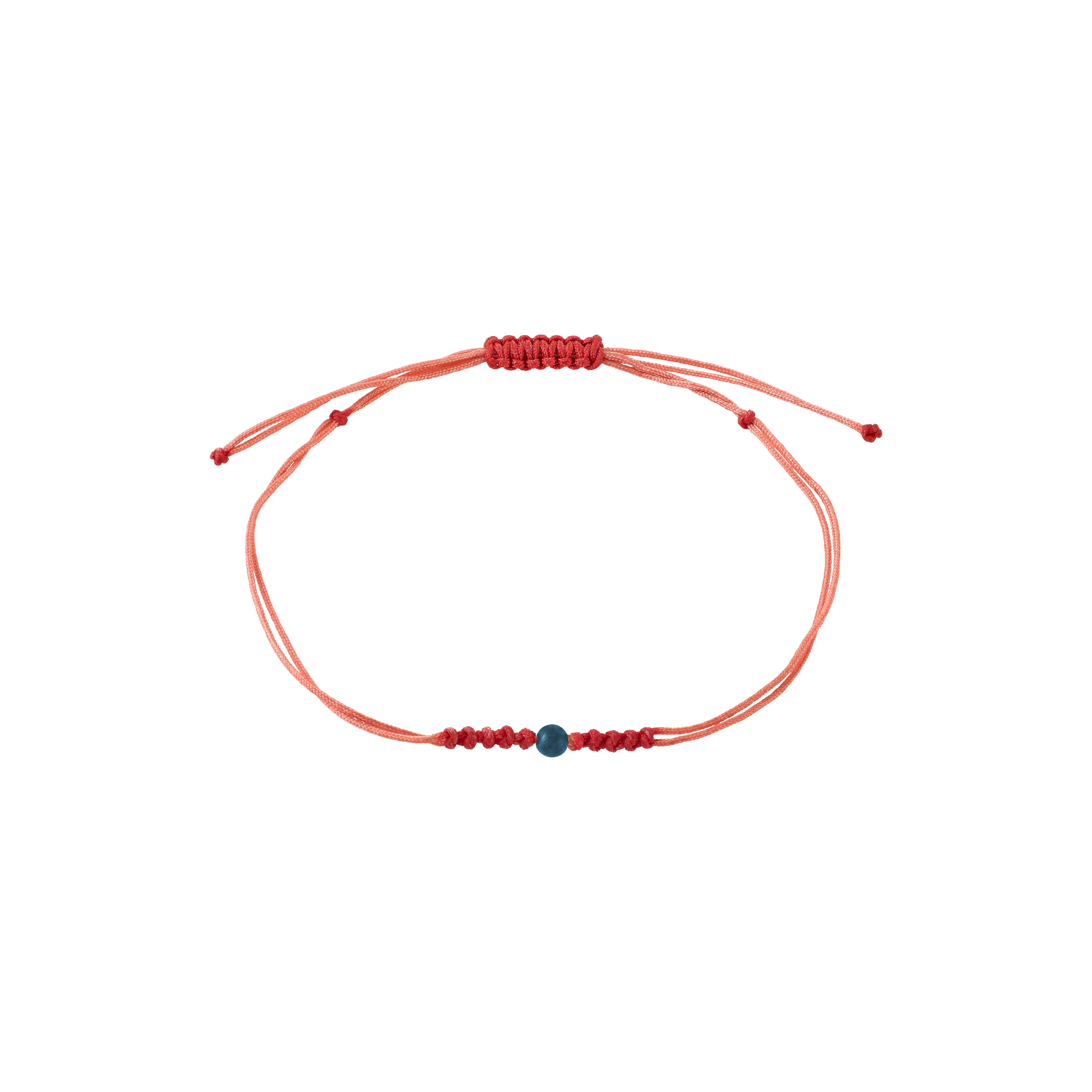 SEPTEMBER birthstone bracelet featuring a red cotton cord with an adjustable knot and a small Lapis bead, symbolizing wisdom and strength.