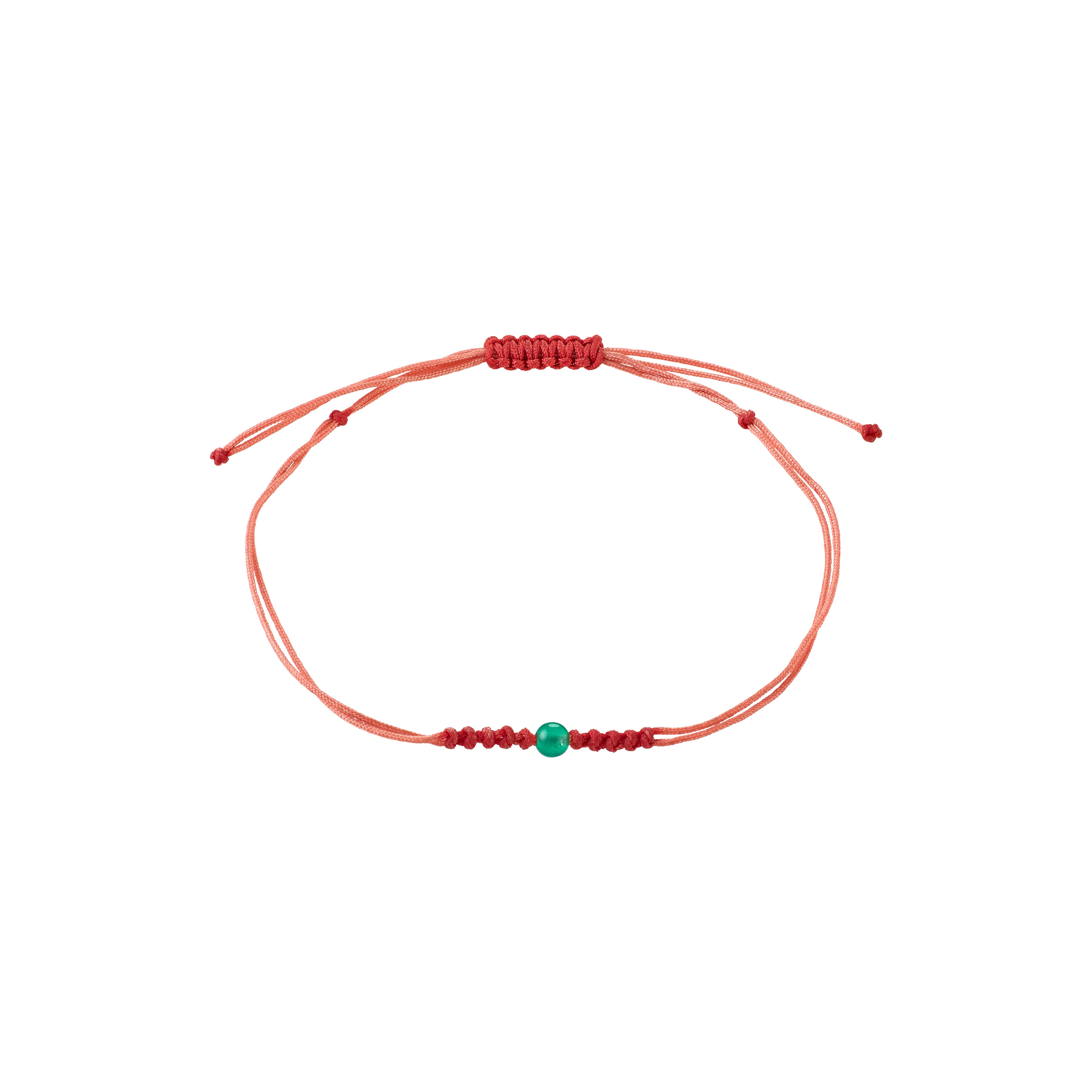 MAY birthstone bracelet featuring a handcrafted green agate bead on a red cotton cord with adjustable knot closure. Ideal for boho style enthusiasts.
