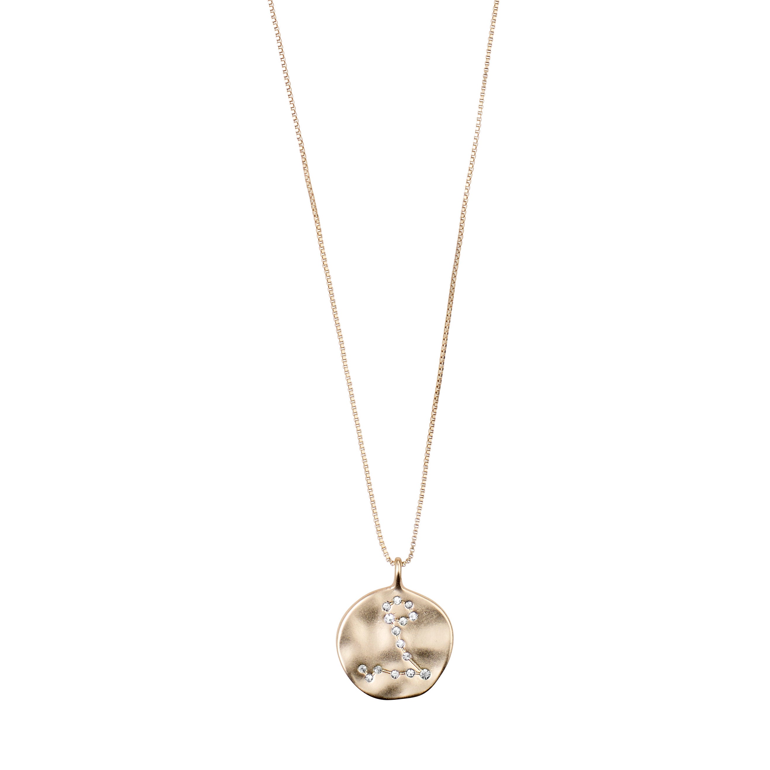 PISCES Zodiac Sign Coin Necklace: Gold-plated necklace with a double-sided pendant featuring a classic Pisces motif and starry constellation in crystals, adjustable chain included.