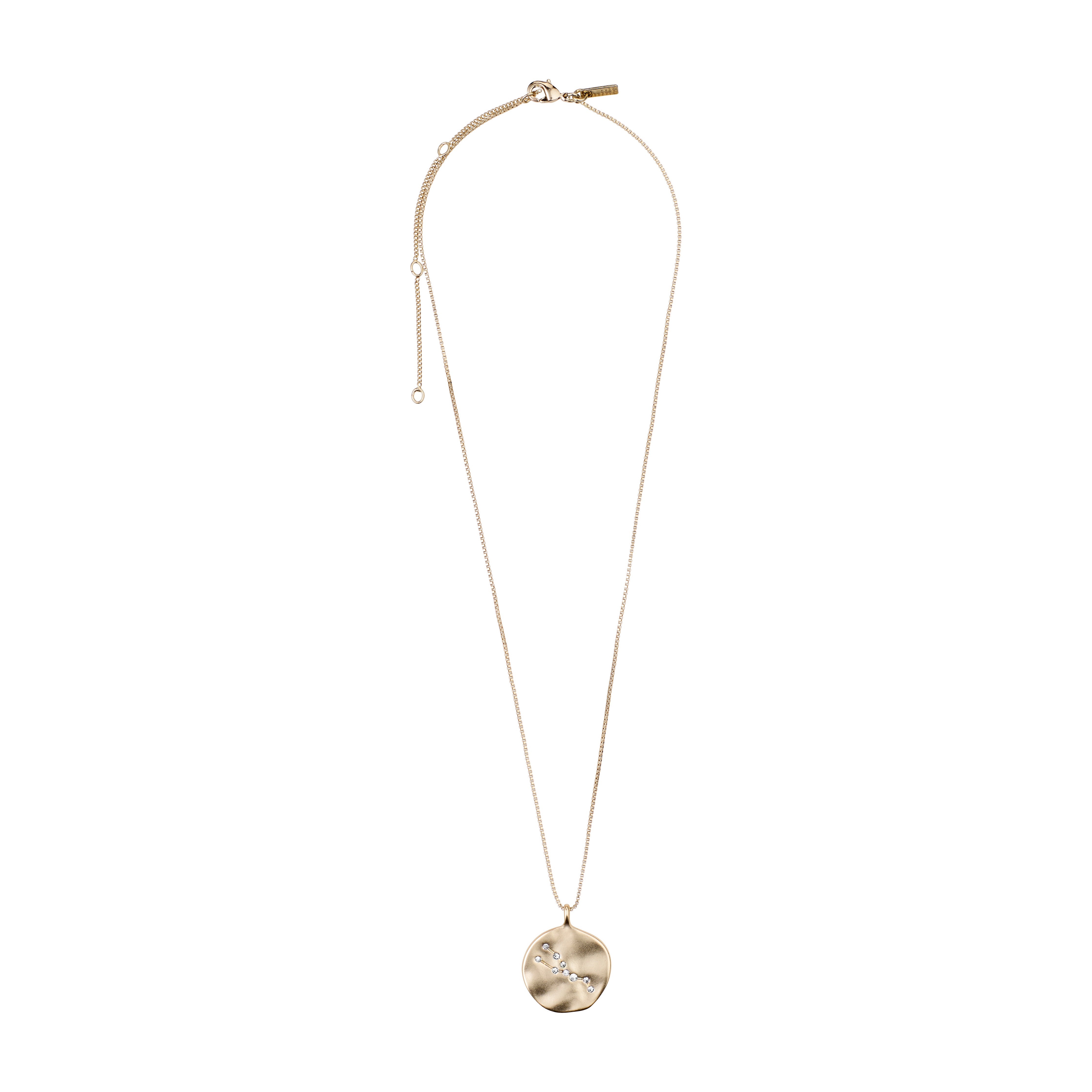 TAURUS Zodiac Sign Coin Necklace, gold-plated, featuring a double-sided pendant with zodiac motif and crystal constellation, on an adjustable 40 cm chain.