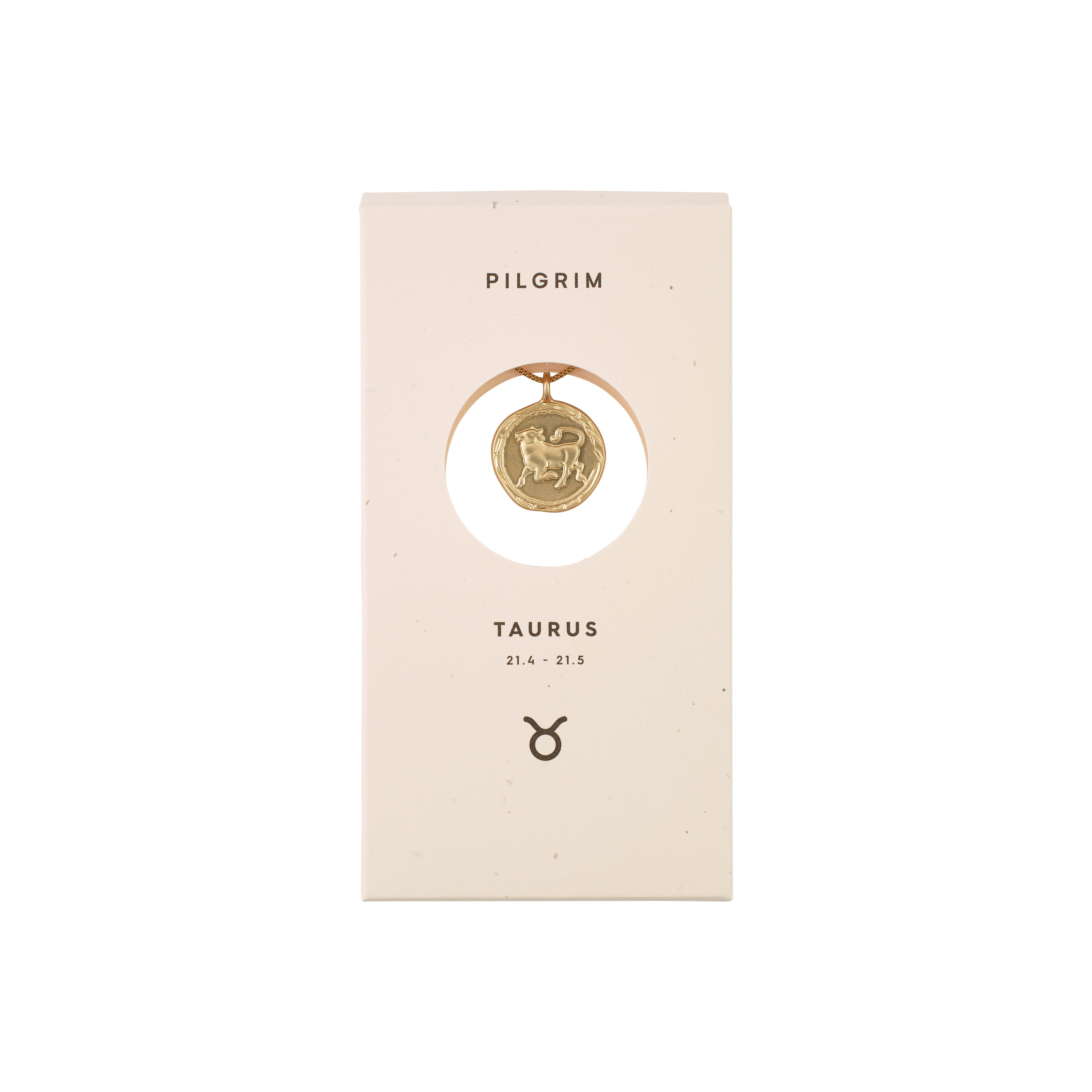 TAURUS Zodiac Sign Coin Necklace, gold-plated, featuring a double-sided medallion with a zodiac motif and crystal constellation, presented in a stylish box.