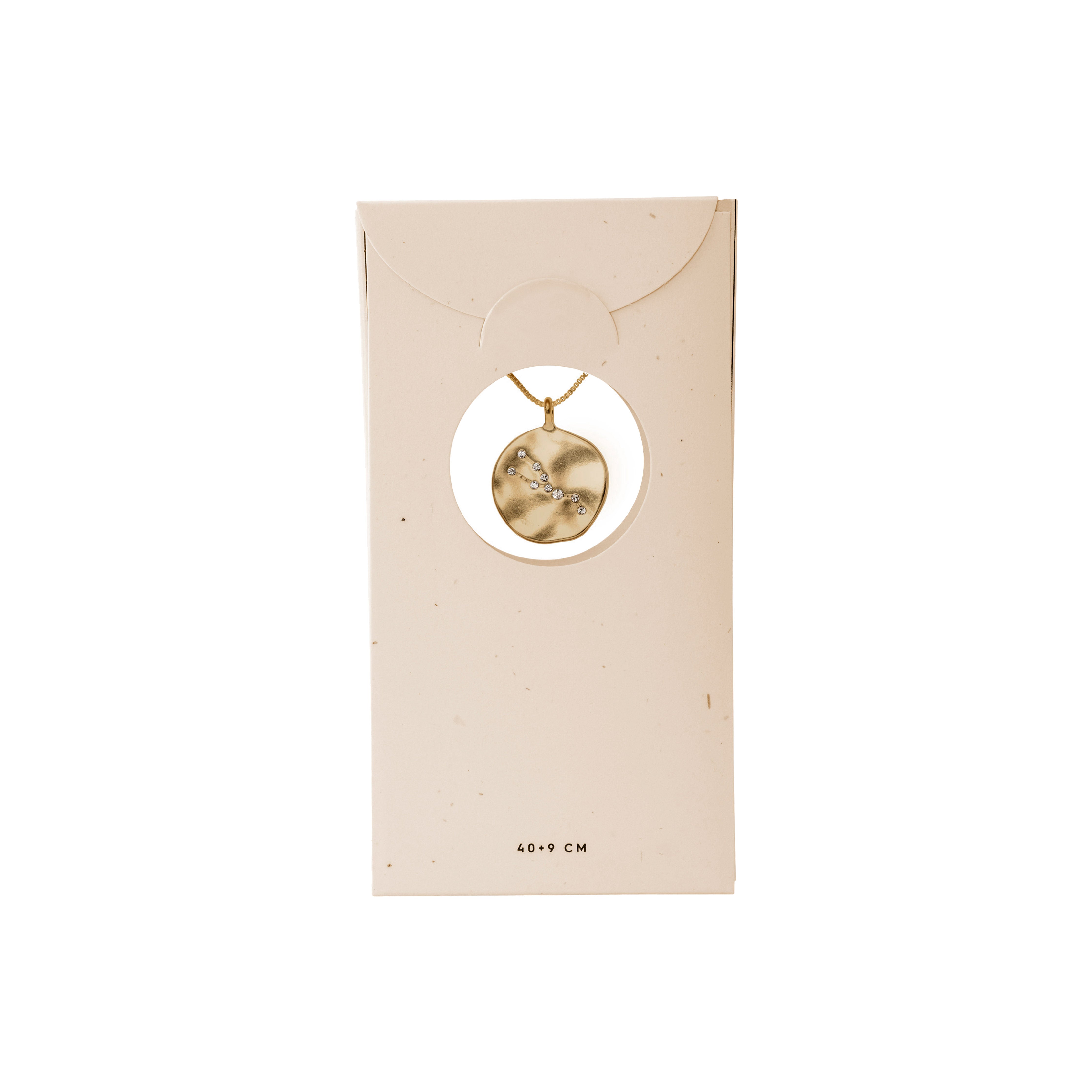 TAURUS Zodiac Sign Coin Necklace, gold-plated, featuring a double-sided pendant with zodiac motif and crystal constellation, presented in an elegant white box.