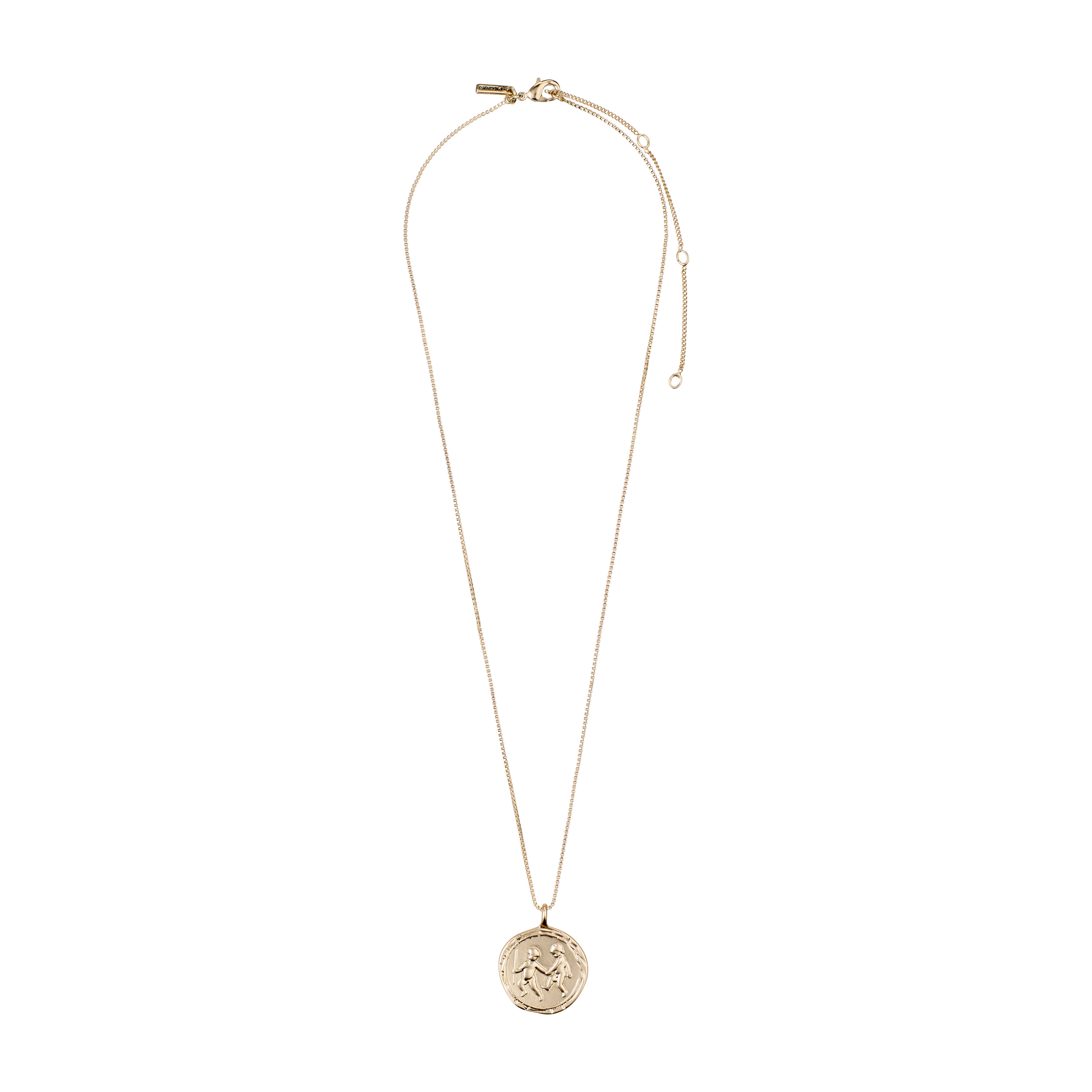 GEMINI Zodiac Sign Coin Necklace, gold-plated, features a double-sided pendant with a zodiac motif and crystal constellation, on an adjustable 40 cm chain.