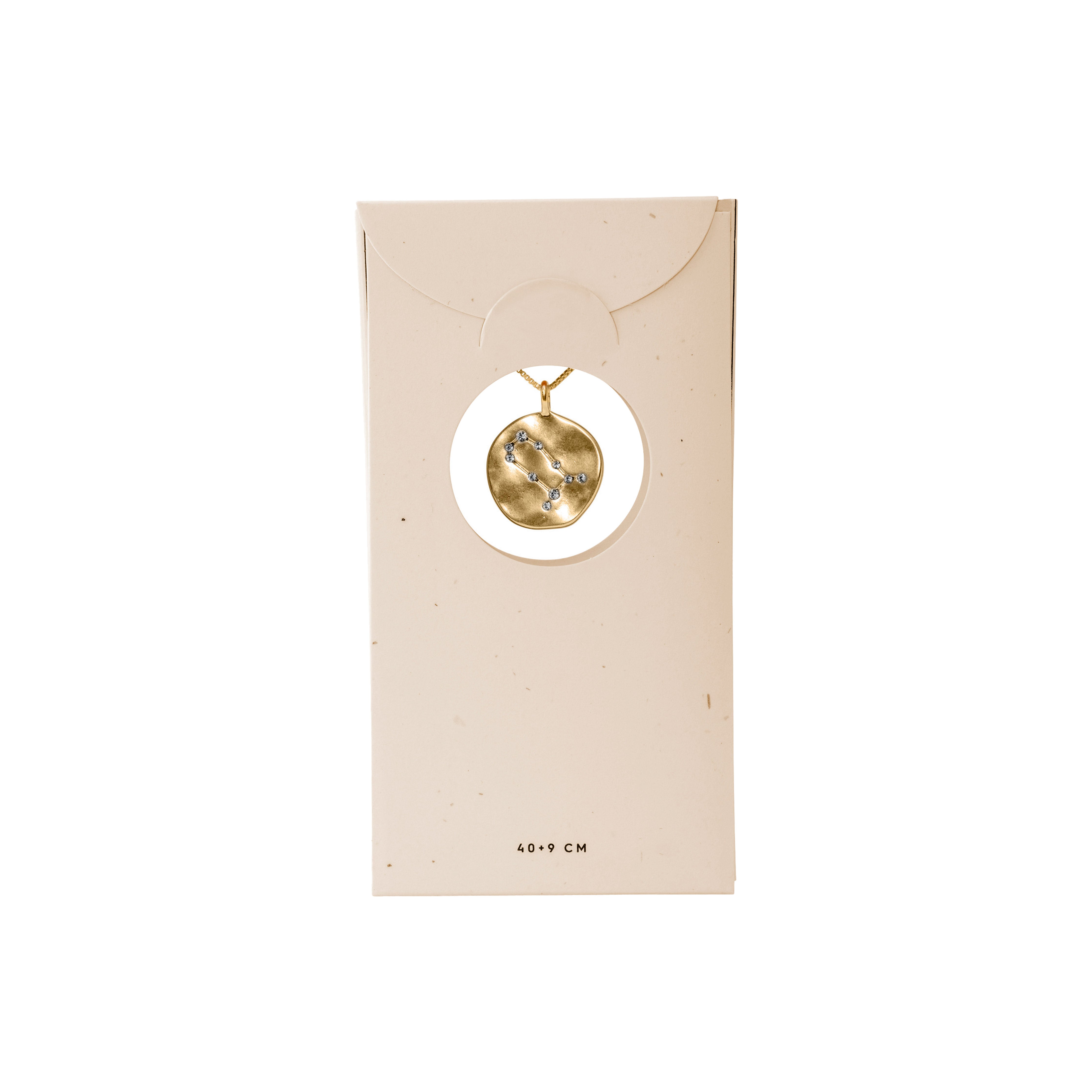 GEMINI Zodiac Sign Coin Necklace, gold-plated, features a double-sided pendant with zodiac motif and crystal constellation, set on an adjustable 40 cm chain.