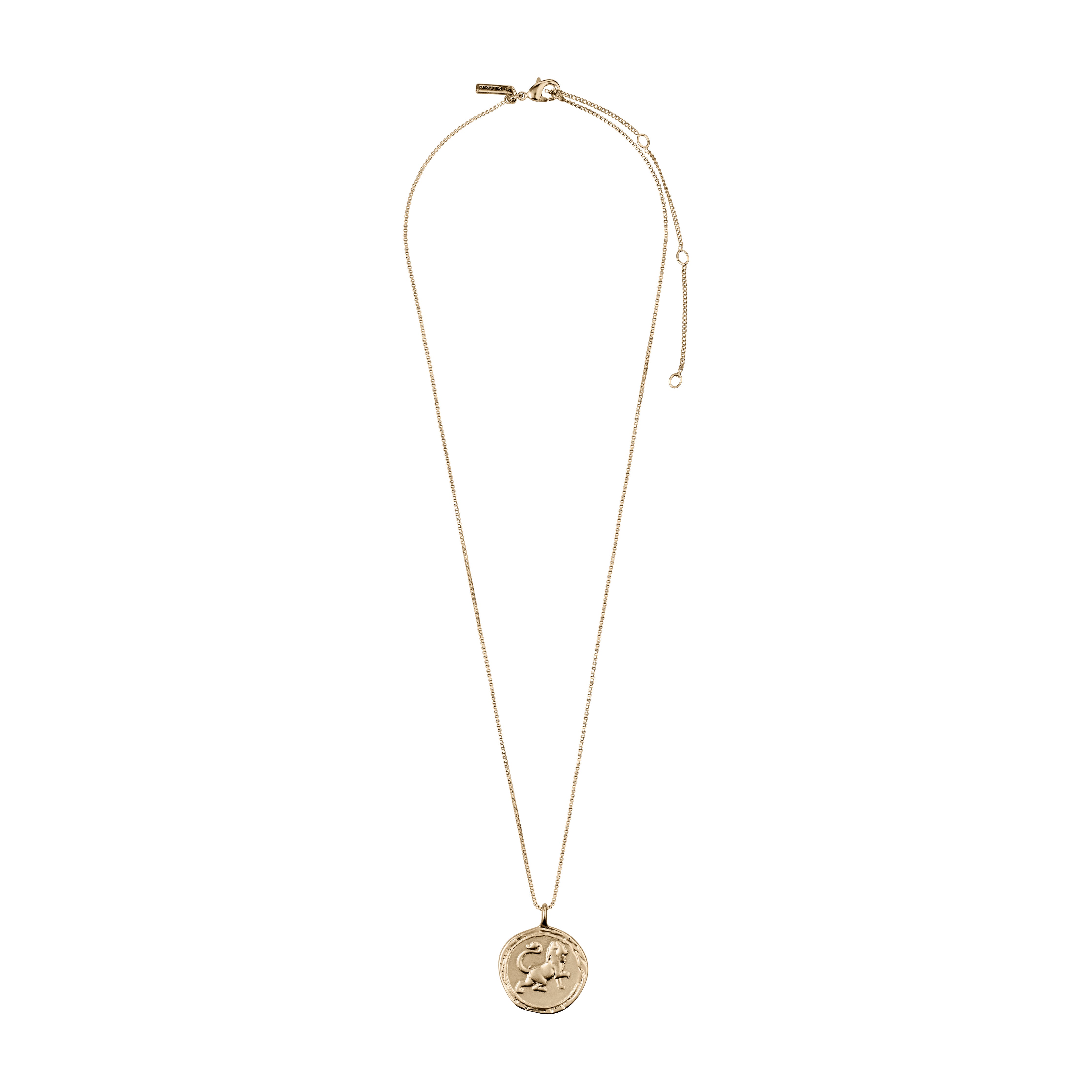 LEO Zodiac Sign Coin Necklace, gold-plated, features a double-sided medallion with a zodiac motif and star constellation, adjustable chain, perfect for personal style expression.