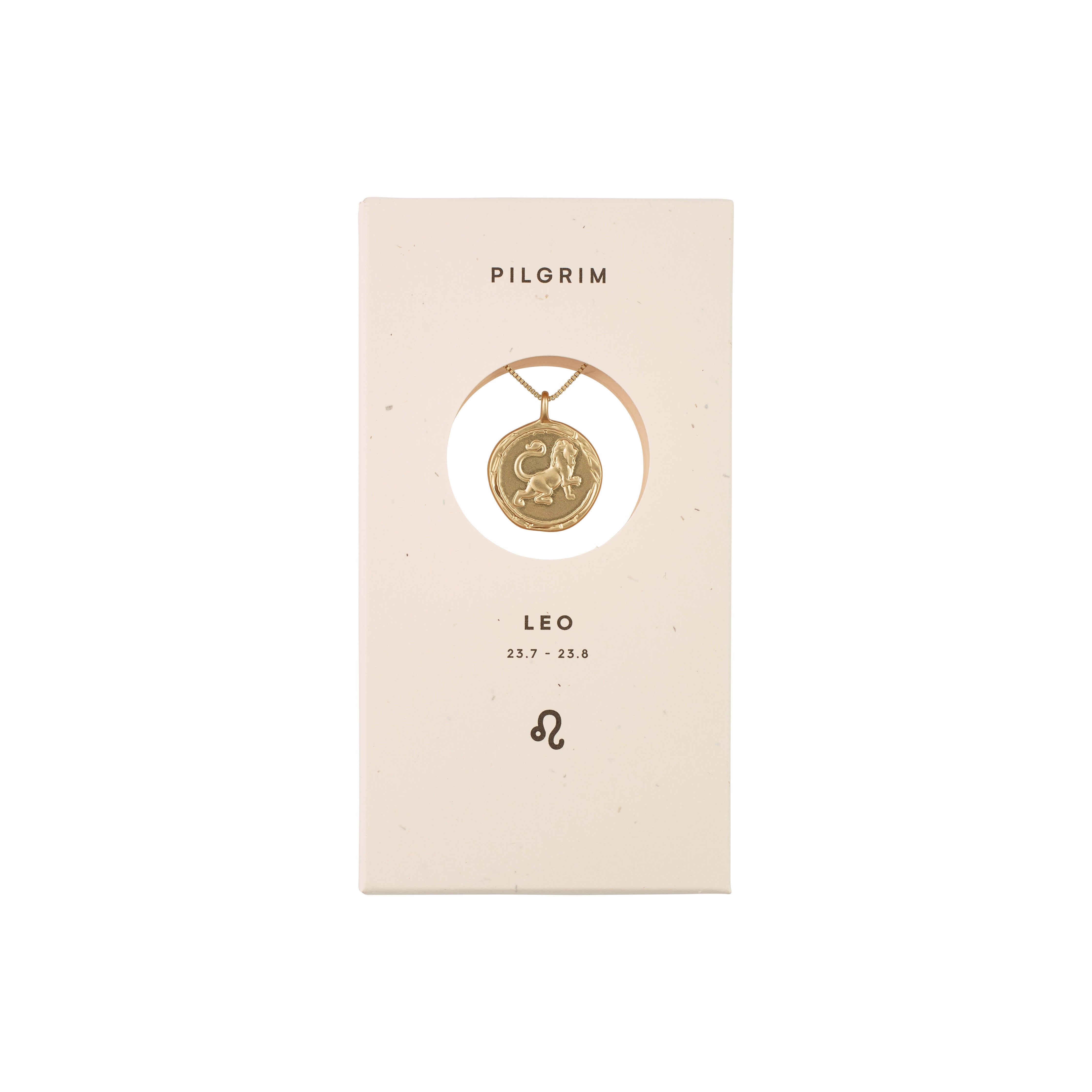 LEO Zodiac Sign Coin Necklace, gold-plated, featuring a double-sided medallion with a lion motif and constellation design, presented in an elegant box.