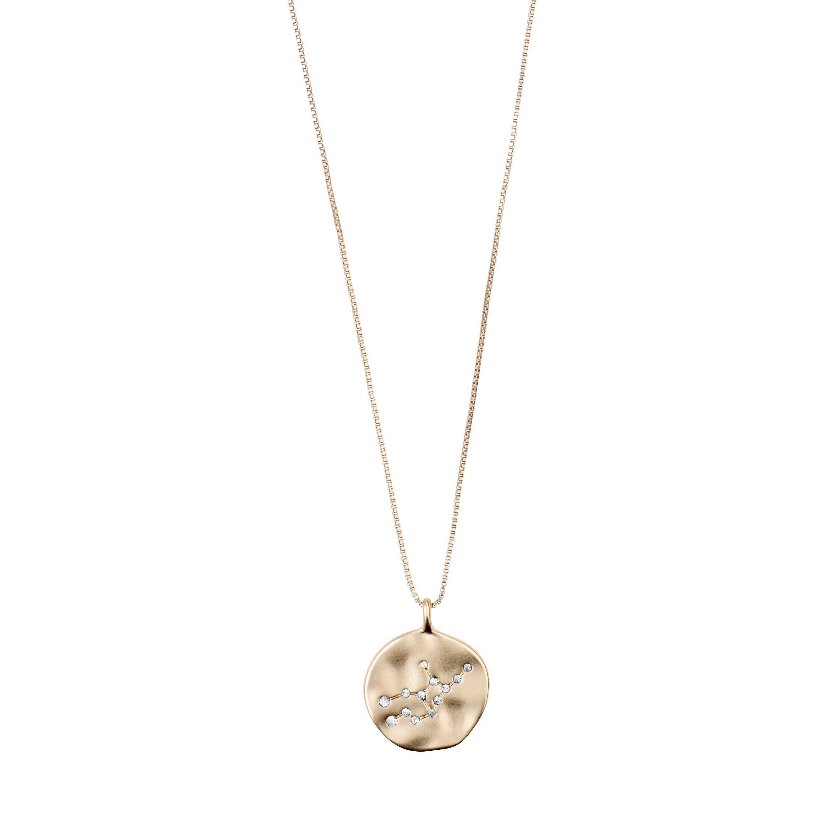 VIRGO Zodiac Sign Coin Necklace, gold-plated, features a round pendant with zodiac motifs and crystal constellation, on an adjustable 40 cm chain.