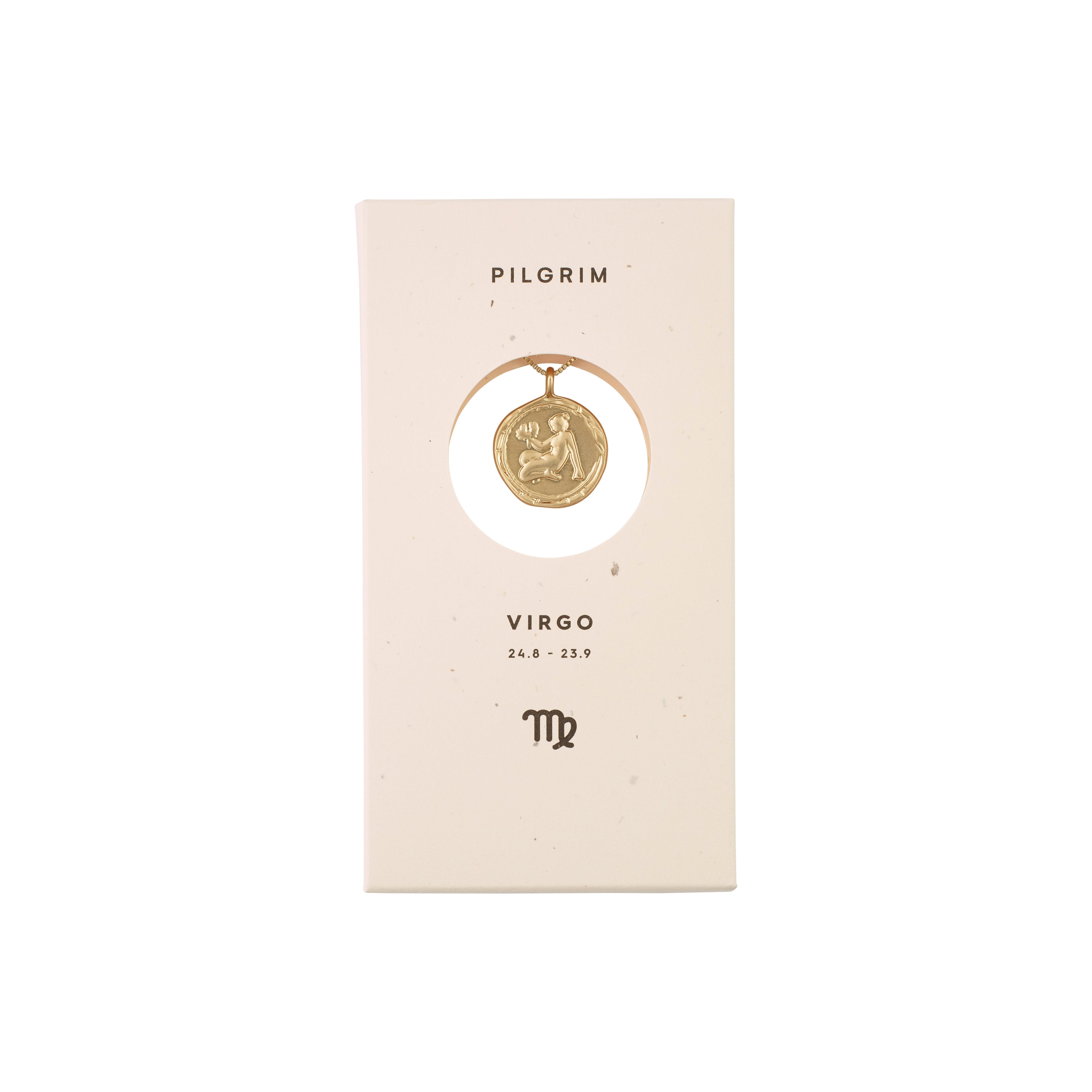 VIRGO Zodiac Sign Coin Necklace, gold-plated, featuring a double-sided pendant with zodiac and constellation designs, adjustable chain, ideal for personal style seekers.