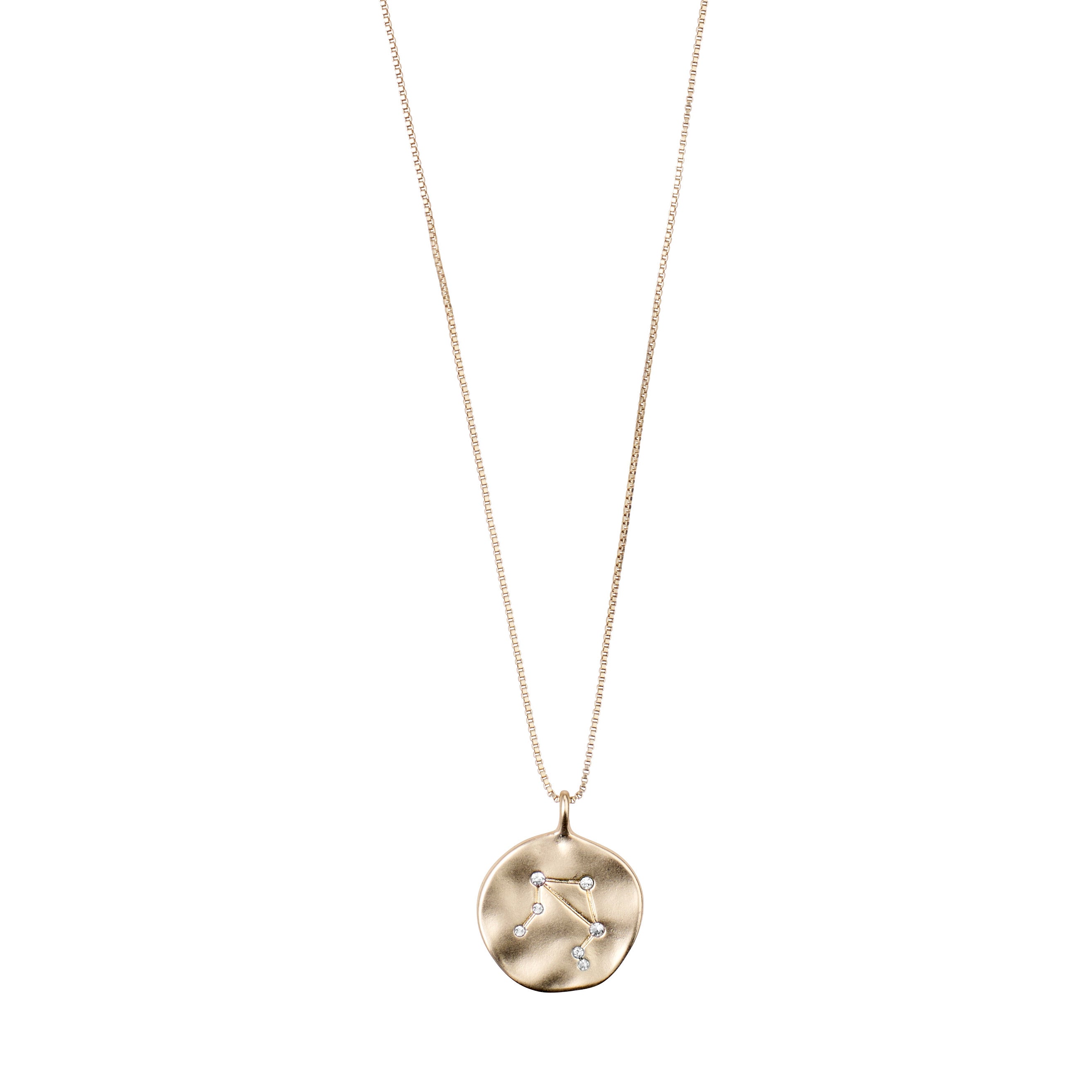 LIBRA Zodiac Sign Coin Necklace, gold-plated, features a double-sided pendant with a zodiac motif and sparkling crystal constellation. Adjustable chain for personalized wear.