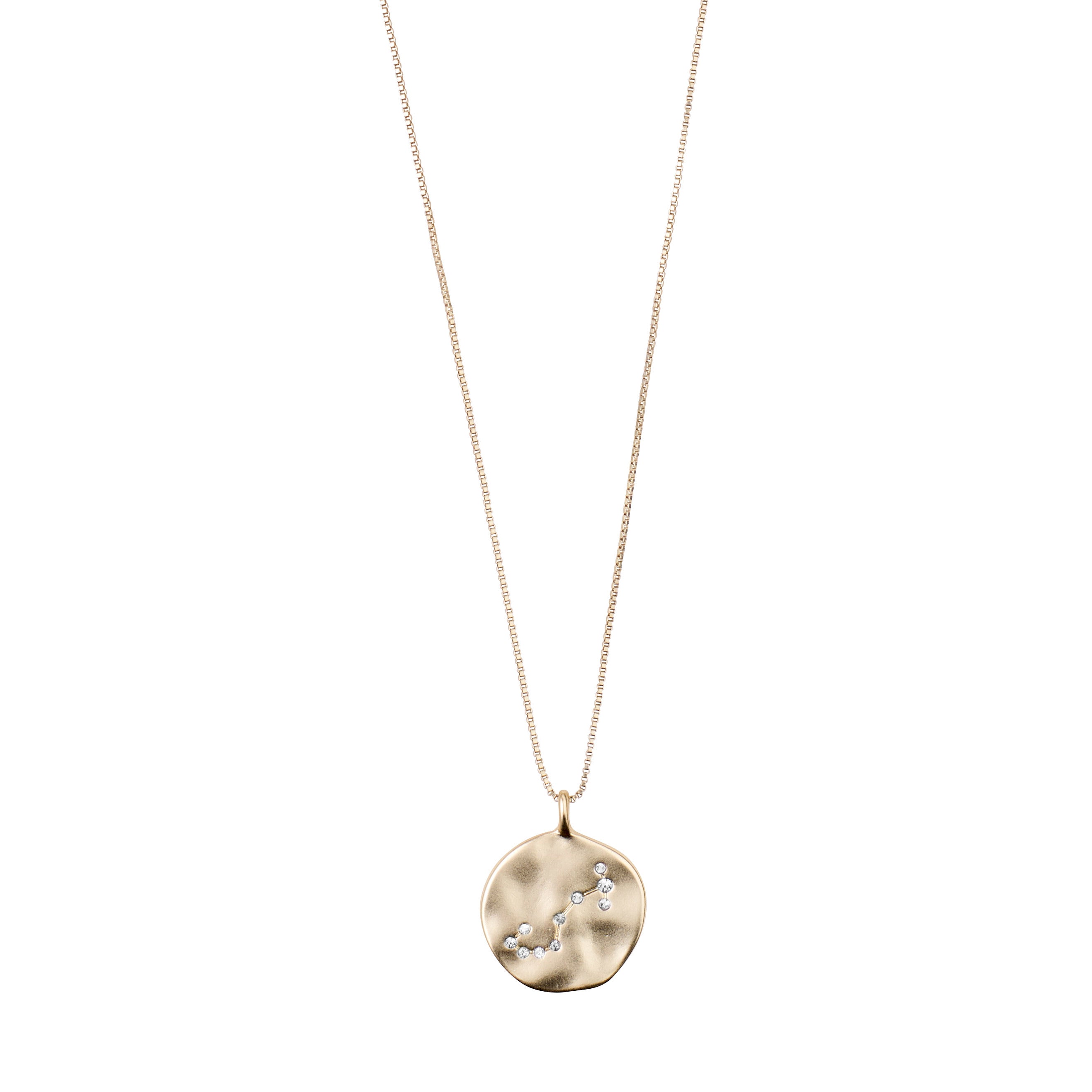 SCORPIO Zodiac Sign Coin Necklace, gold-plated, featuring a reversible round pendant with a zodiac motif on one side and a crystal-studded constellation on the other. 