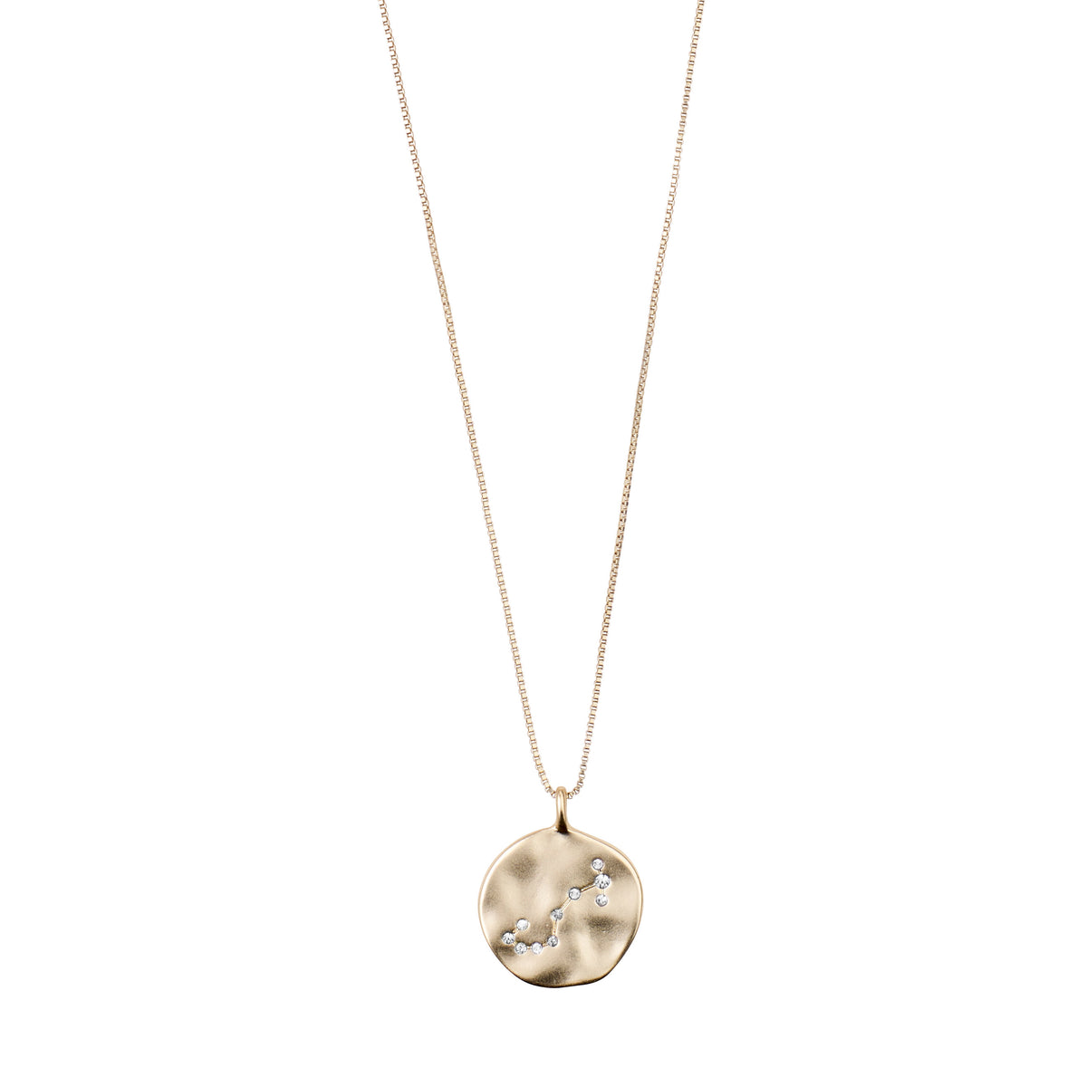 SCORPIO Zodiac Sign Coin Necklace, gold-plated, featuring a reversible round pendant with a zodiac motif on one side and a crystal-studded constellation on the other. 