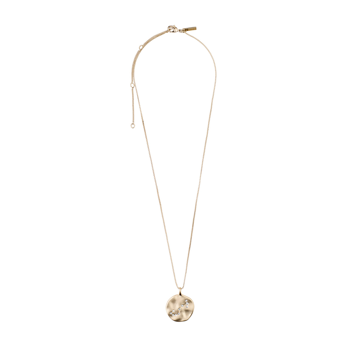 SCORPIO Zodiac Sign Coin Necklace, gold-plated, featuring a double-sided pendant with a zodiac motif and crystal-studded constellation, on an adjustable chain.