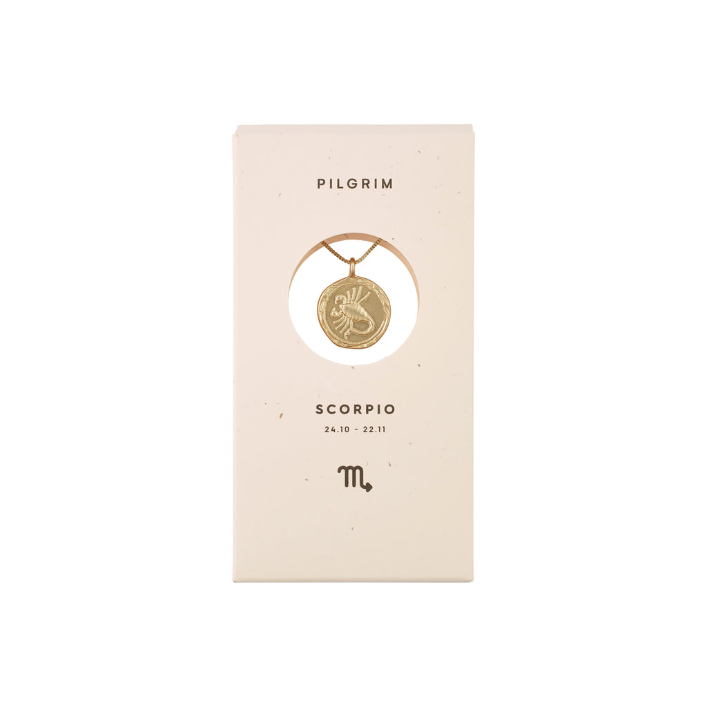SCORPIO Zodiac Sign Coin Necklace, gold-plated, featuring a double-sided pendant with a scorpion motif and constellation in crystals, presented in an elegant box.