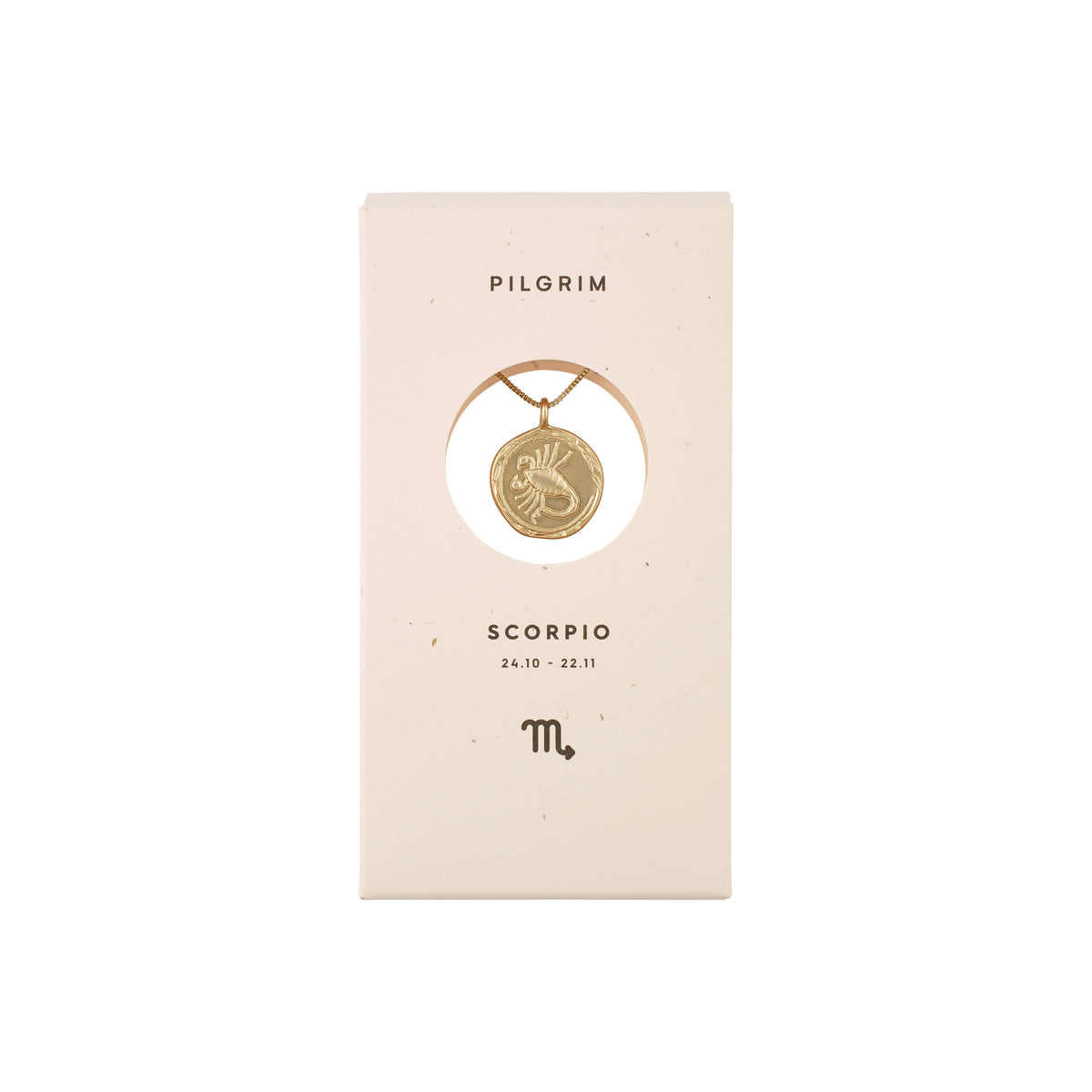 SCORPIO Zodiac Sign Coin Necklace, gold-plated, featuring a double-sided pendant with a scorpion motif and constellation in crystals, presented in an elegant box.