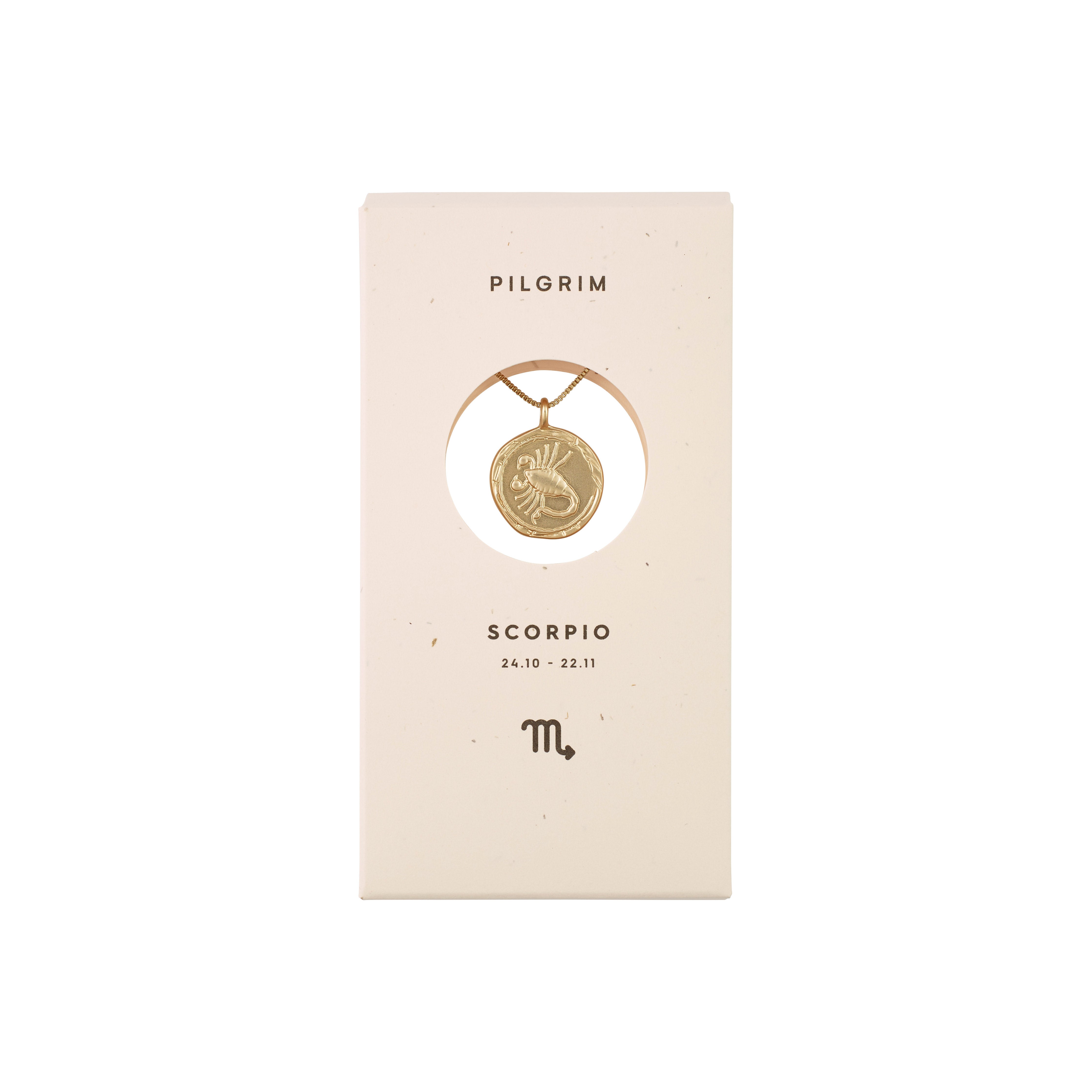 SCORPIO Zodiac Sign Coin Necklace, gold-plated, featuring a double-sided pendant with a scorpion motif and constellation in crystals, presented in an elegant box.