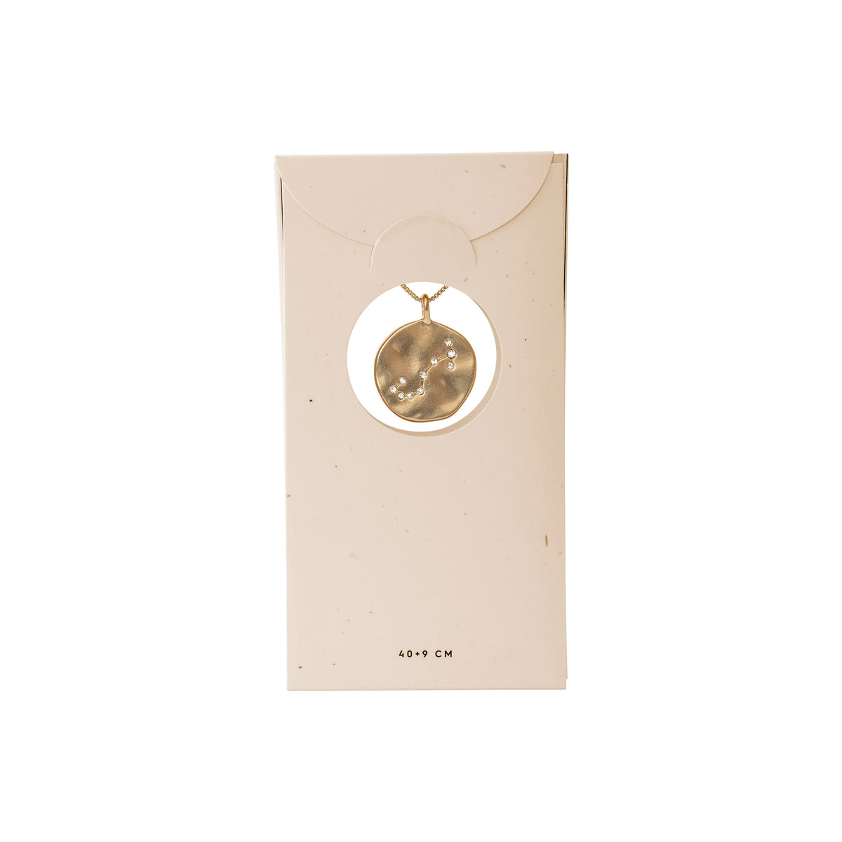 SCORPIO Zodiac Sign Coin Necklace, gold-plated, features a double-sided pendant with a zodiac motif and constellation in crystals, presented in a white box.