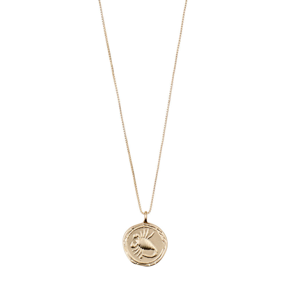 SCORPIO Zodiac Sign Coin Necklace, gold-plated, featuring a double-sided pendant with zodiac motif and crystal-studded constellation, adjustable chain for versatile wear.