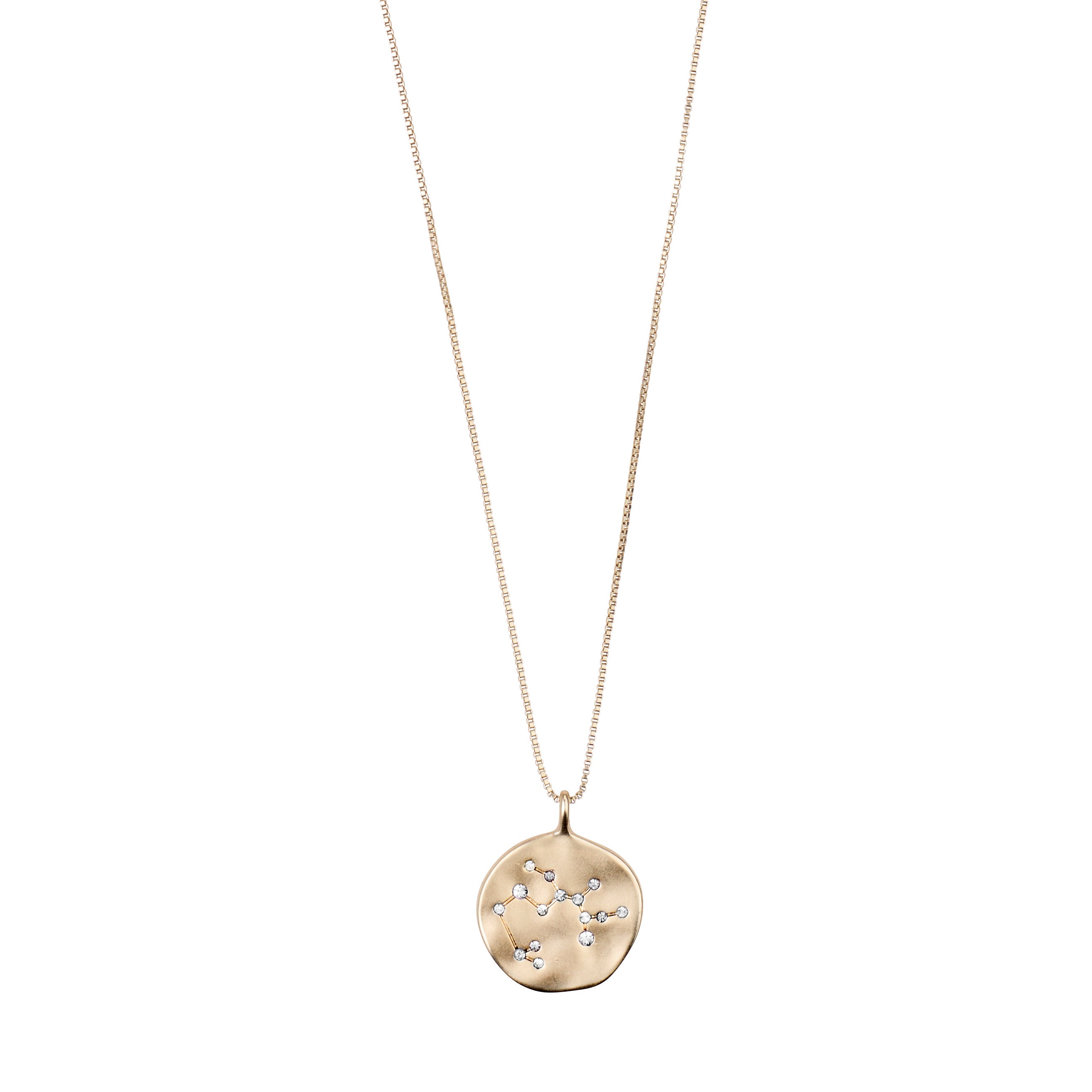 SAGITTARIUS Zodiac Sign Coin Necklace, gold-plated, featuring a double-sided pendant with a zodiac motif and crystal constellation on an adjustable chain.