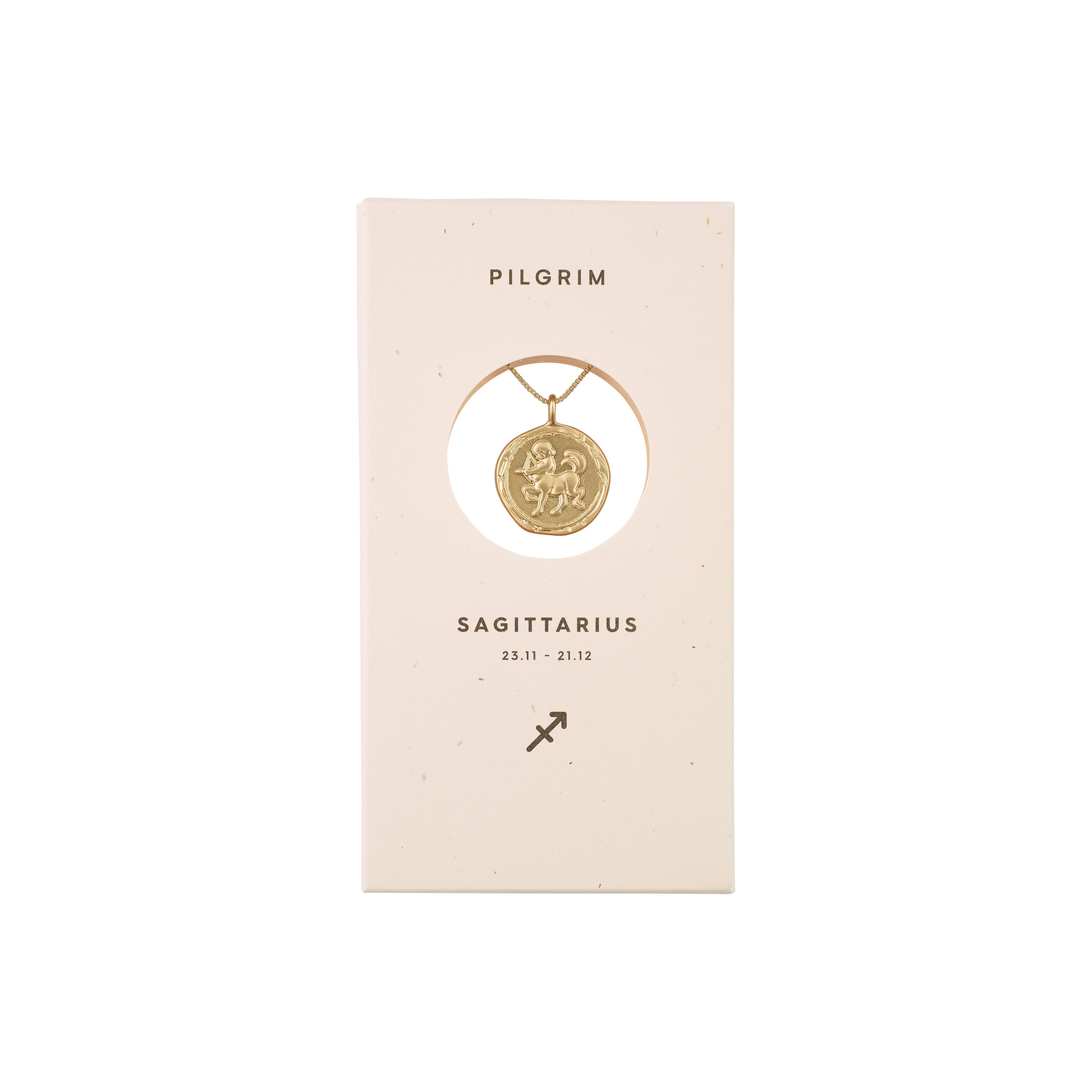 SAGITTARIUS Zodiac Sign Coin Necklace, gold-plated, featuring a double-sided pendant with zodiac motif and crystal constellation, presented in a white box. Ideal for trendsetters.