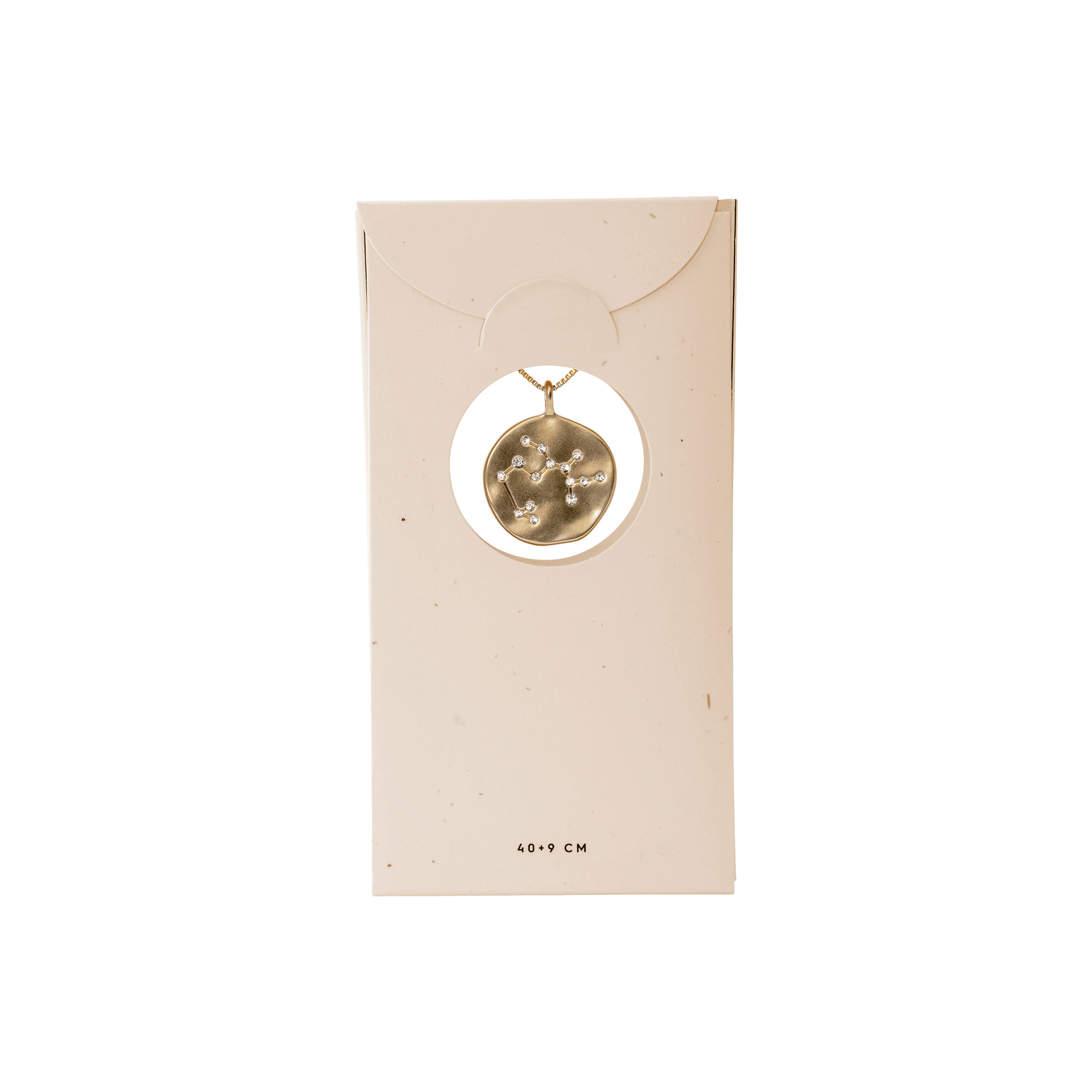 SAGITTARIUS Zodiac Sign Coin Necklace, gold-plated, featuring a double-sided medallion with a zodiac motif and crystal constellation, in a white box.
