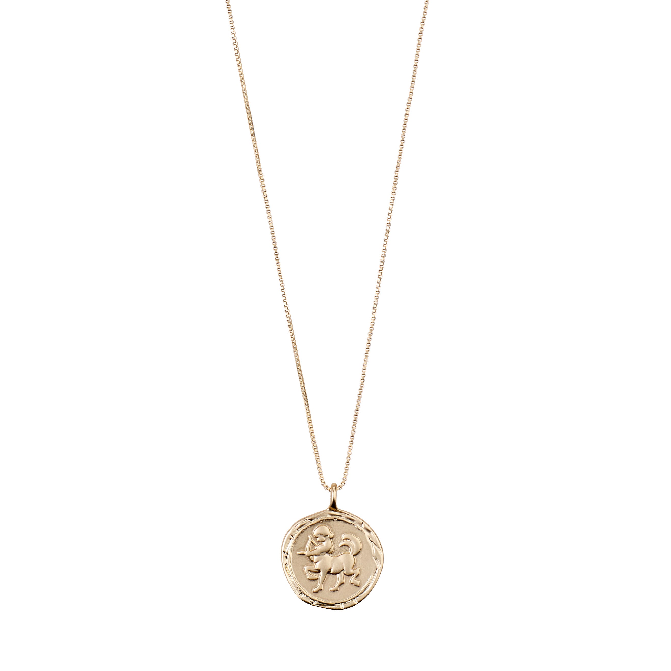SAGITTARIUS Zodiac Sign Coin Necklace, gold-plated, featuring a double-sided medallion with a zodiac motif and starry crystal constellation on a 40 cm adjustable chain.