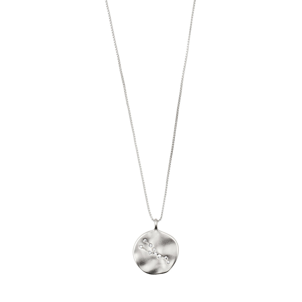 TAURUS Zodiac Sign Coin Necklace, silver-plated, featuring a round pendant with zodiac and constellation motifs in crystals, adjustable chain length.