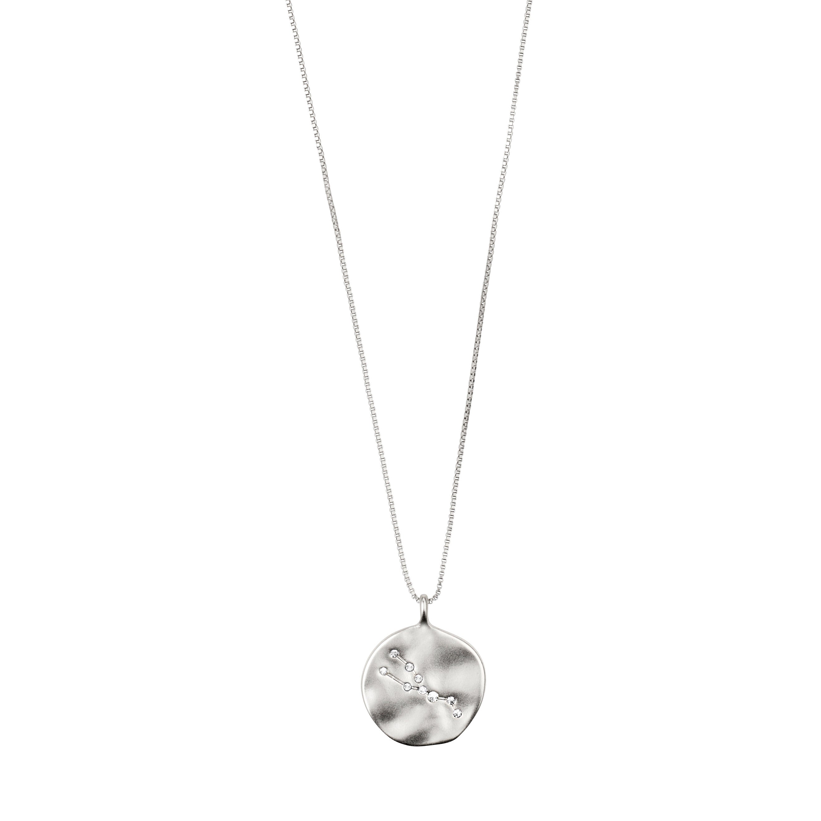 TAURUS Zodiac Sign Coin Necklace, silver-plated, featuring a round pendant with zodiac and constellation motifs in crystals, adjustable chain length.